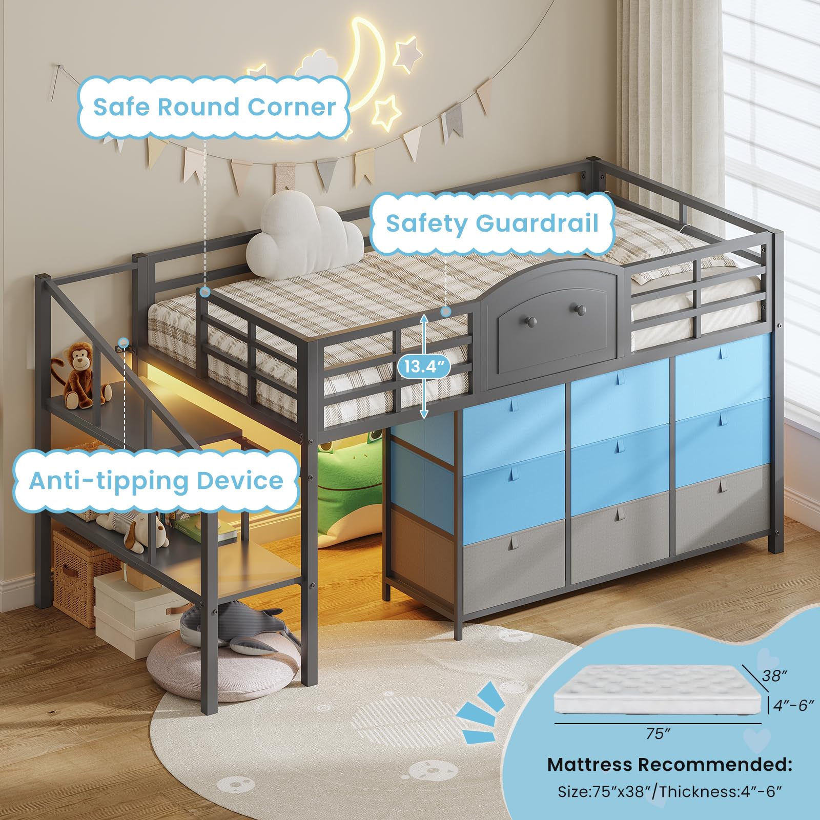 Low Loft Bed Twin Size with 9 Storage Drawers and LED Lights