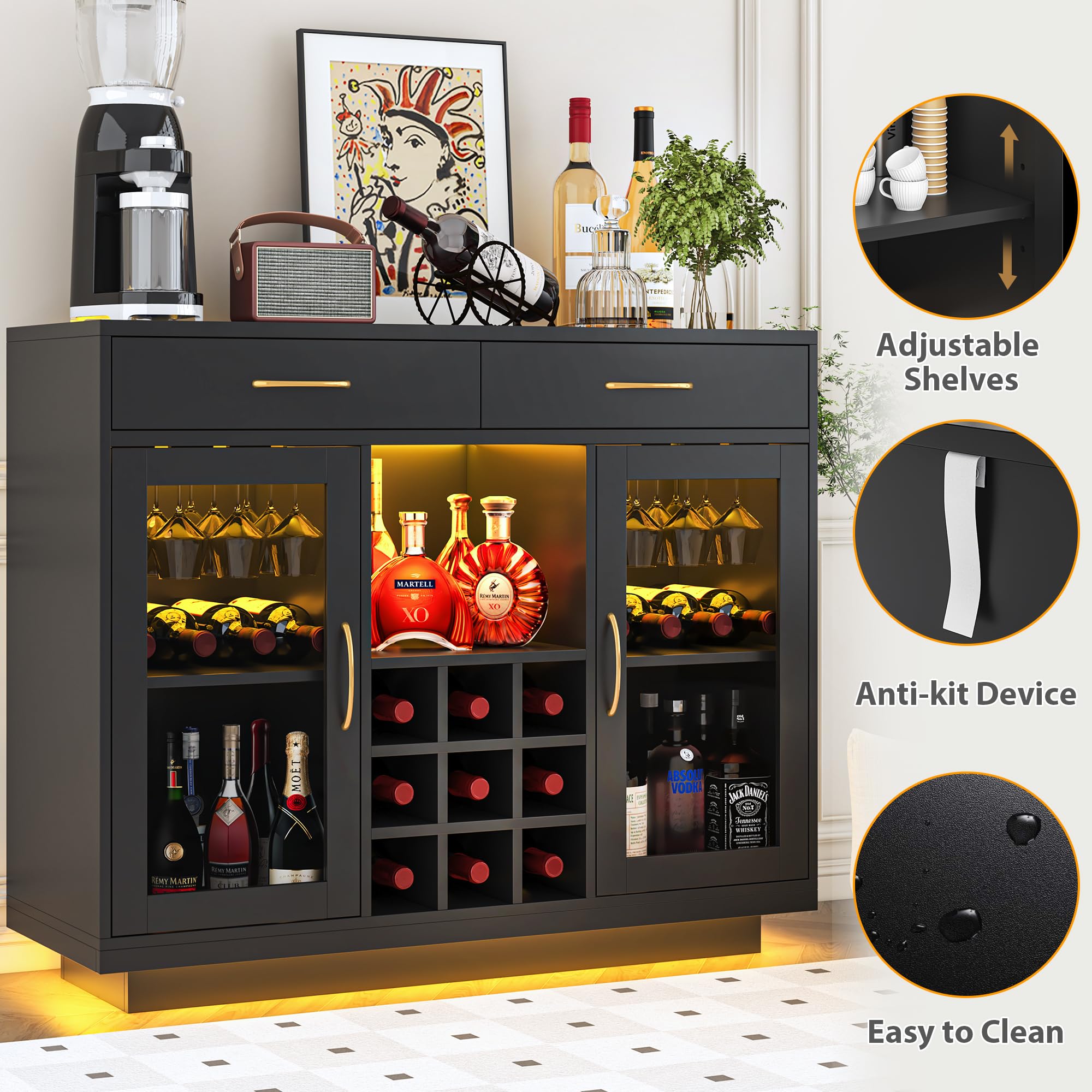 Wine Bar Cabinet with LED Lights and Glass Rack