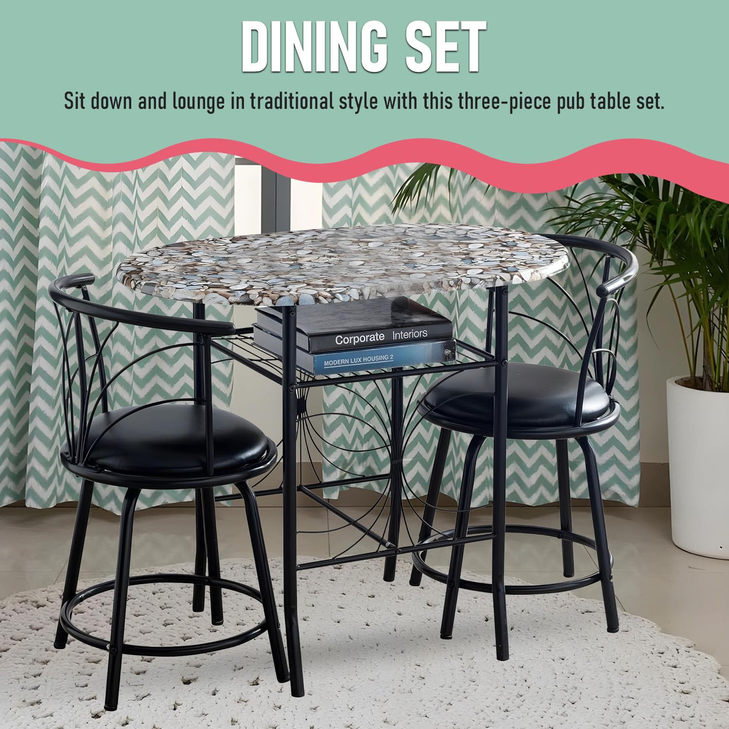 3-Piece Faux Marble Pub Dining Set with Storage