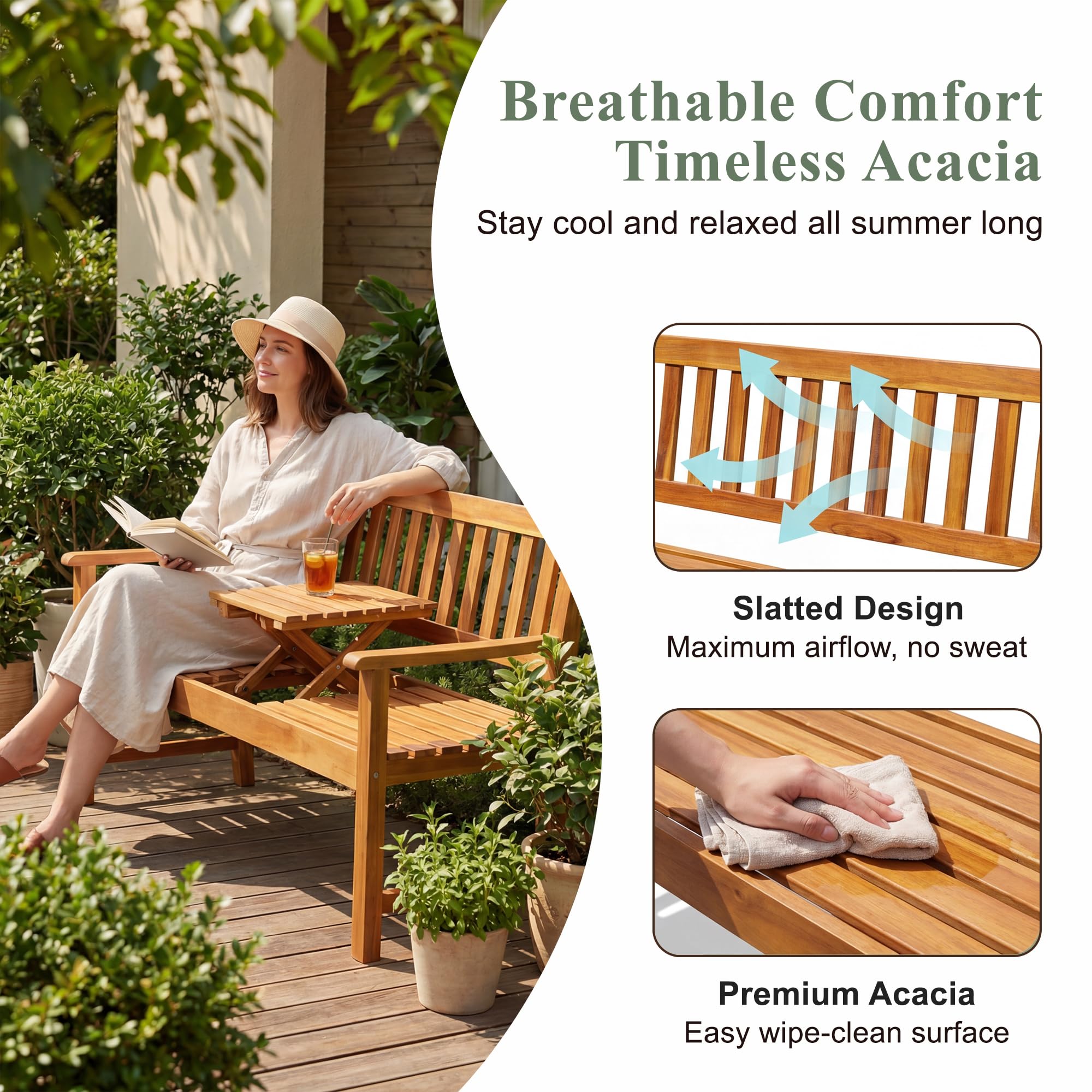 Outdoor Bench with Pull-Out Center Table