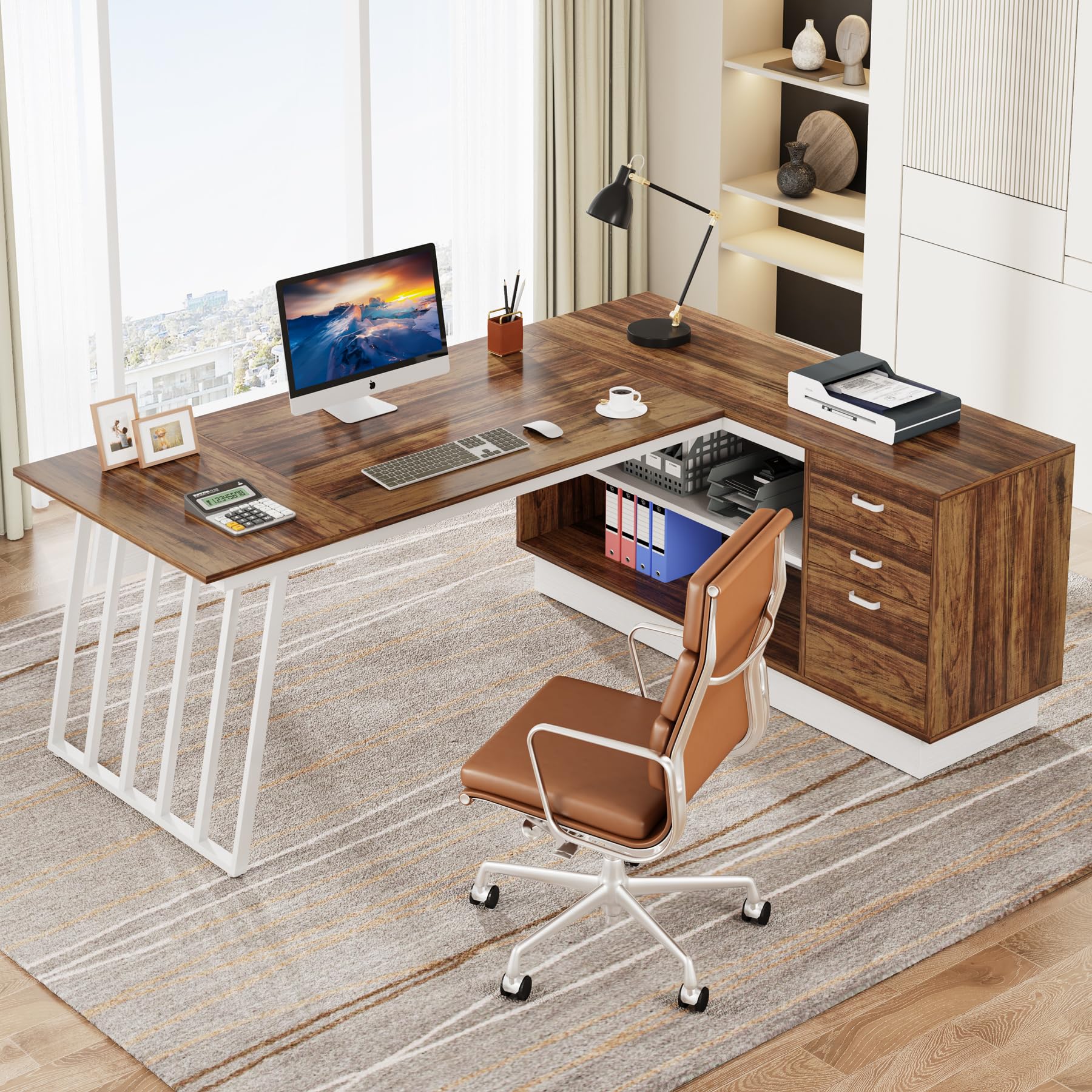 71-Inch L-Shaped Executive Desk with Cabinet and Storage