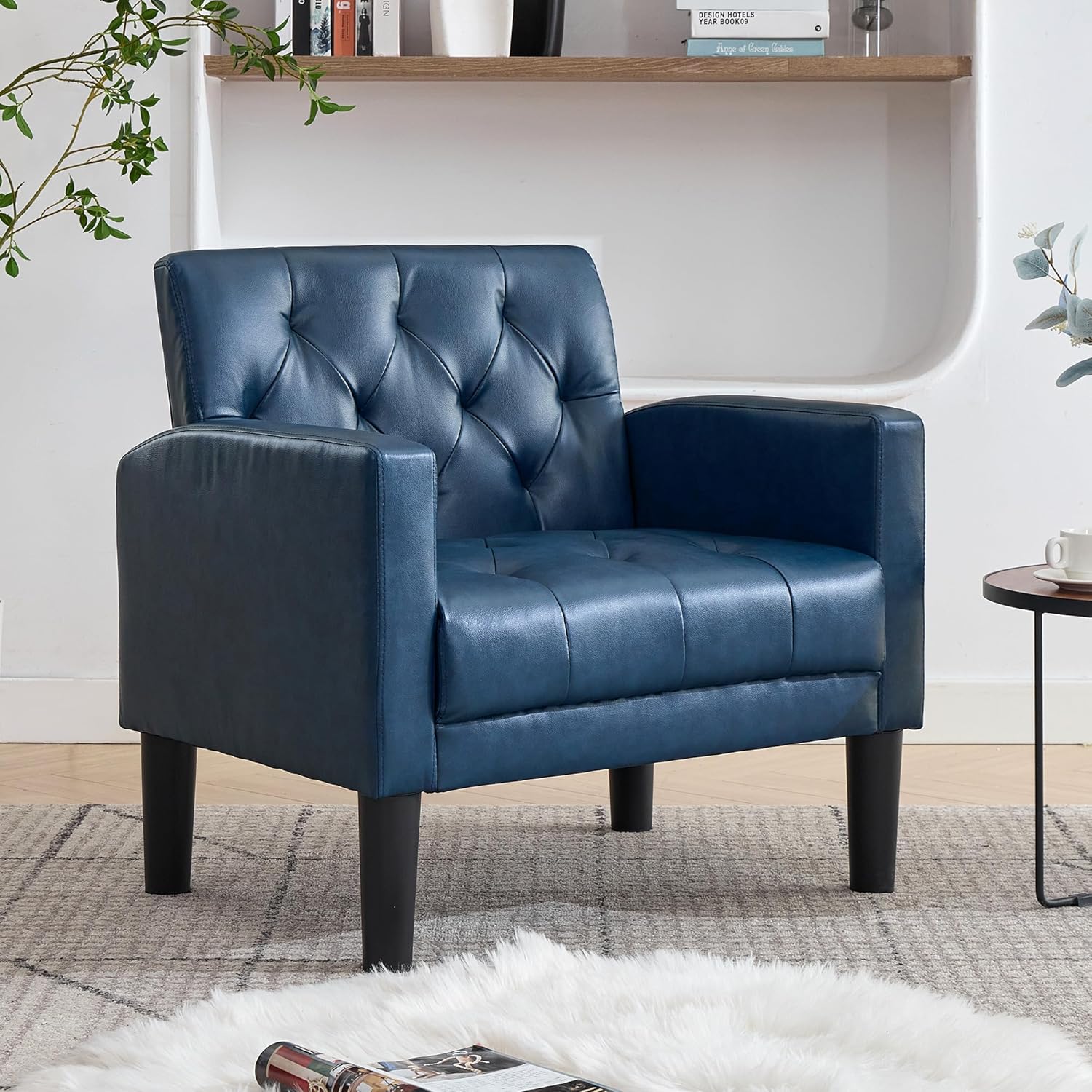 Leather Accent Chairs Set of 2 - Tufted Mid Century Modern