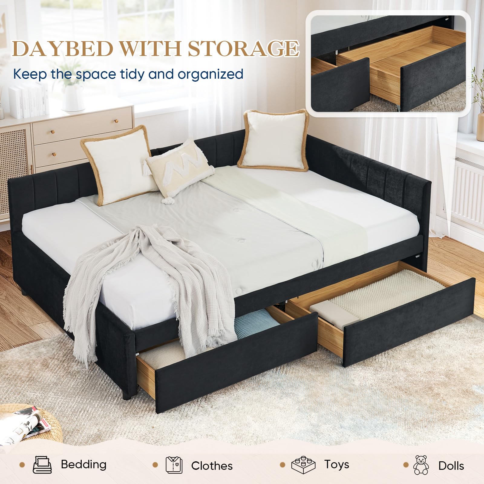 Full Daybed with Storage Drawers and Tufted Velvet Upholstery