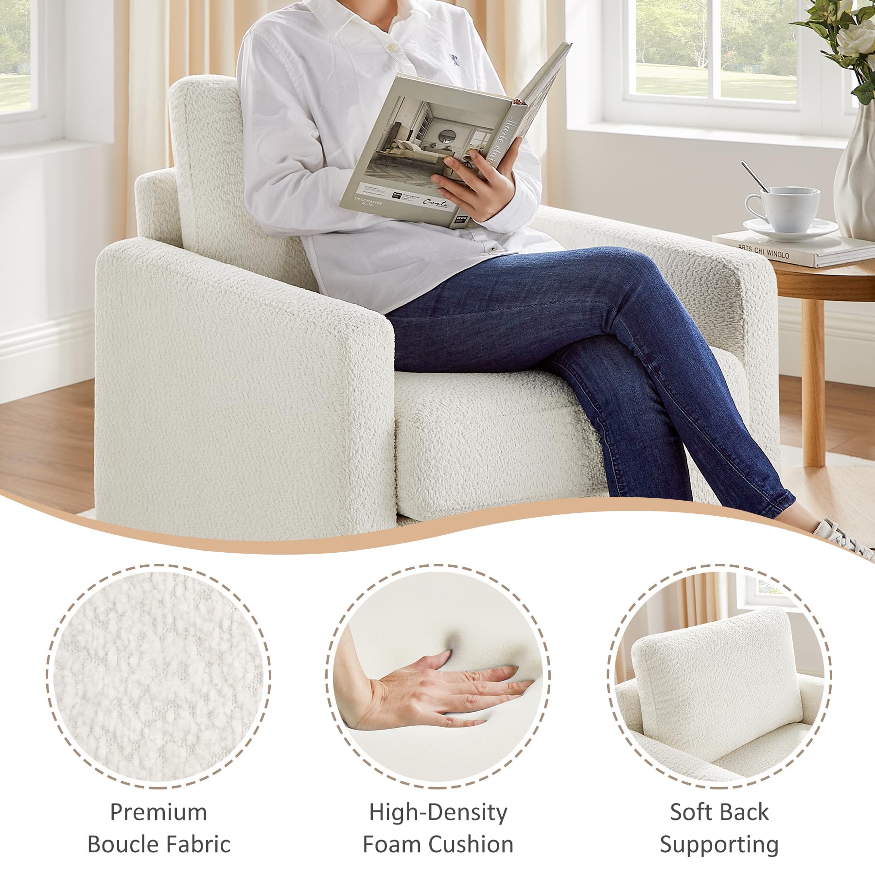 VANOMi Accent Chair 29.5" Reading Chair, Modern Living Room Chair with Thick Cushion&Wood Base, Comfy Upholstered Boucle Armchair, Single Sofa for Bedroom, Office, White