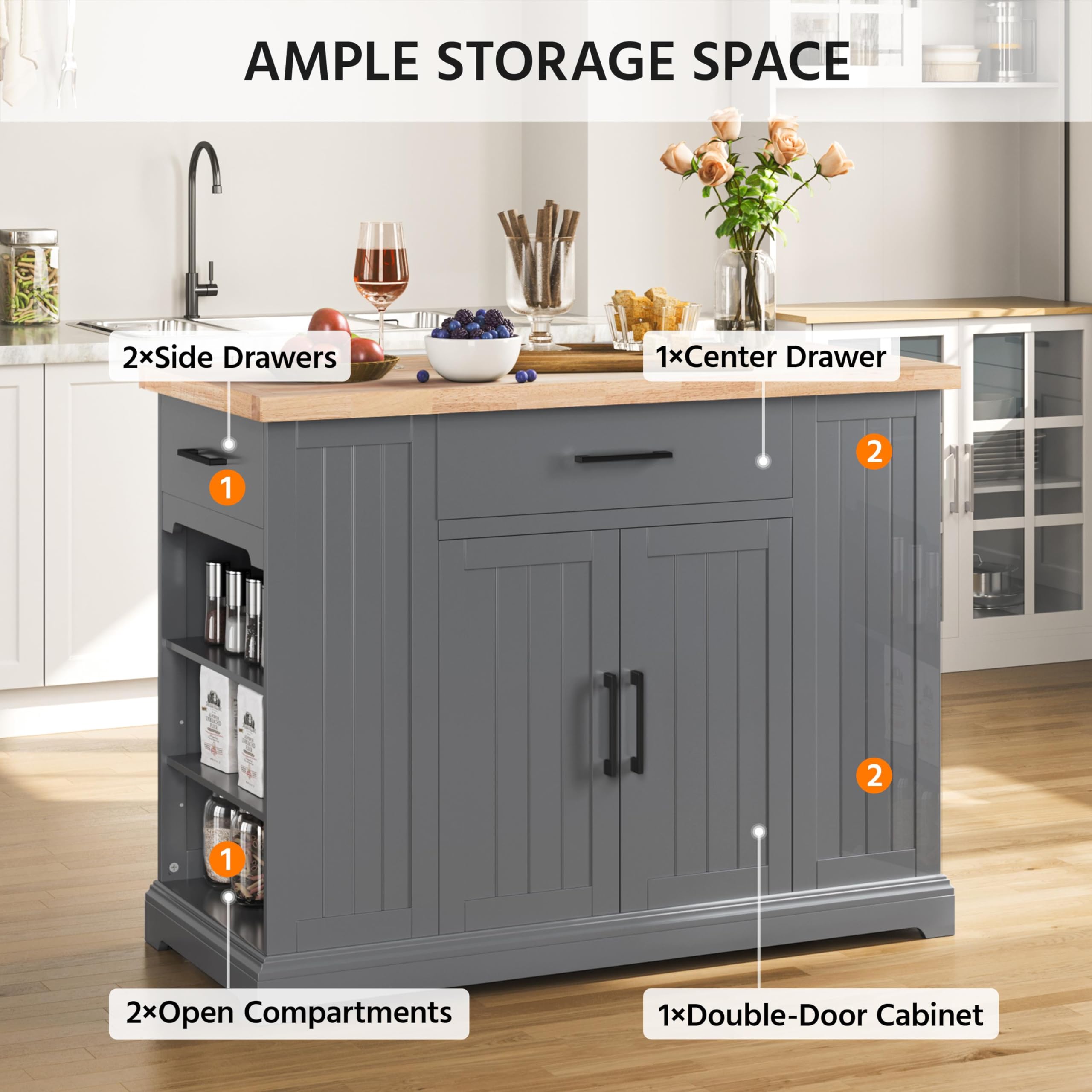 Rolling Kitchen Island Cart with Rubberwood Countertop