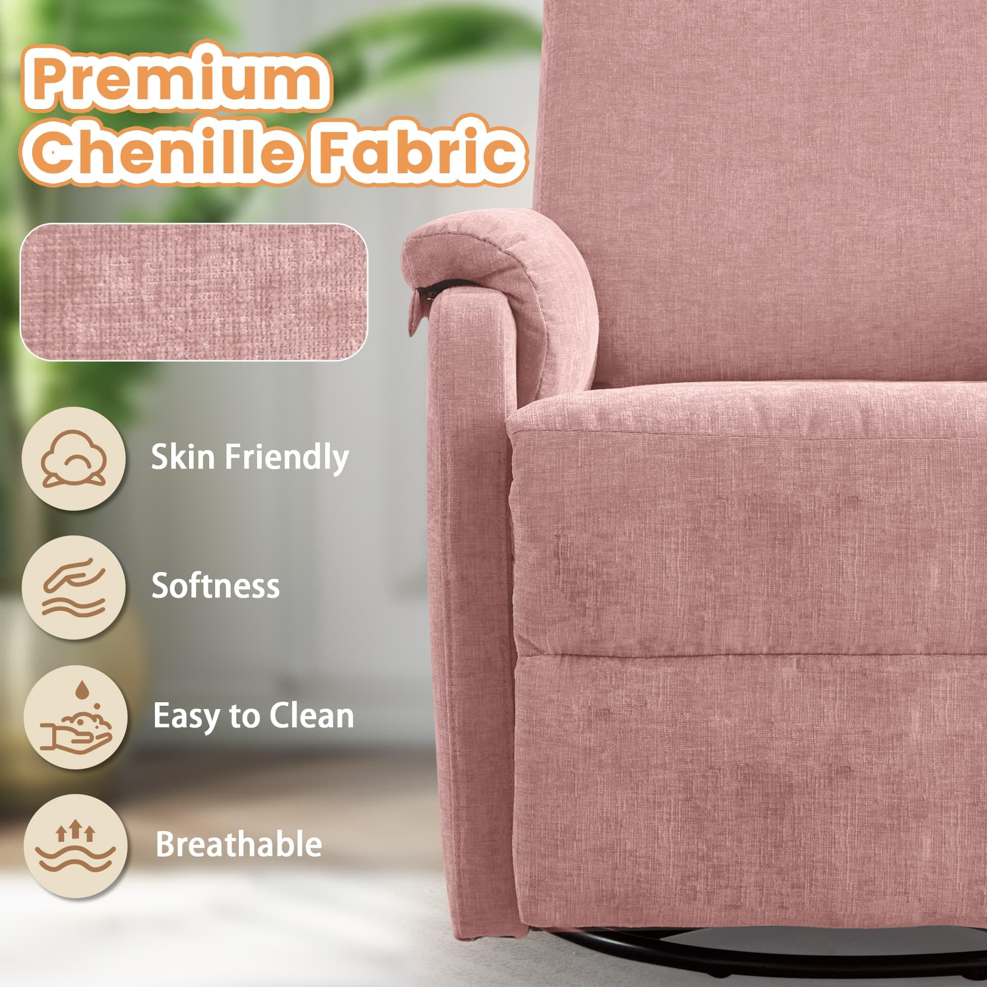 Korser Recliner Chair, Swivel Rocking Recliner Chair for Adults, Glider Rocking Chair, Small Nursery Chair Recliner for Living Room, Reclining Chair with Modern-Designed Armrests, Chenille, Khaki