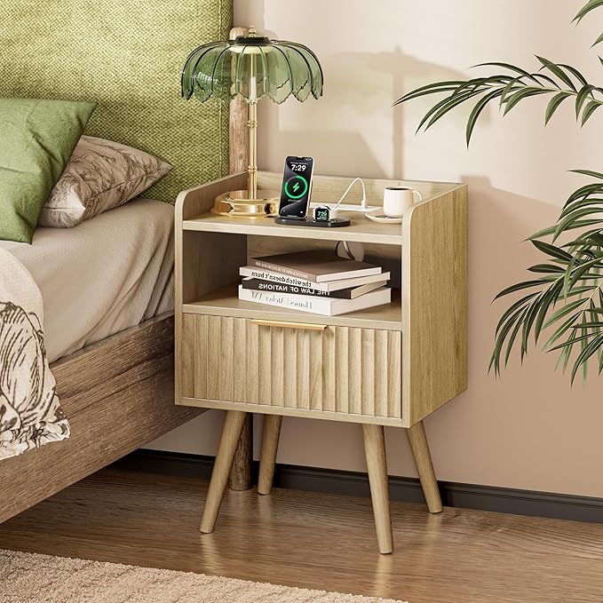 Fluted Nightstand with Charging Station and Drawer