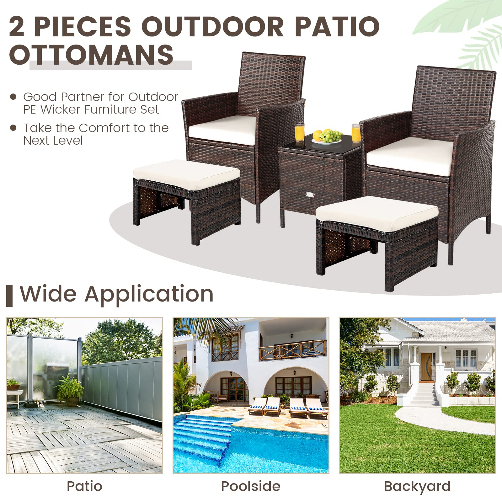 2-Piece Outdoor Wicker Ottomans with Removable Cushions