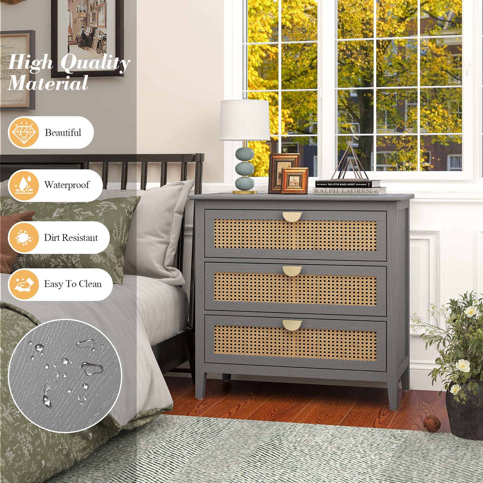 Rattan 3 Drawer Dresser with Storage Cabinet