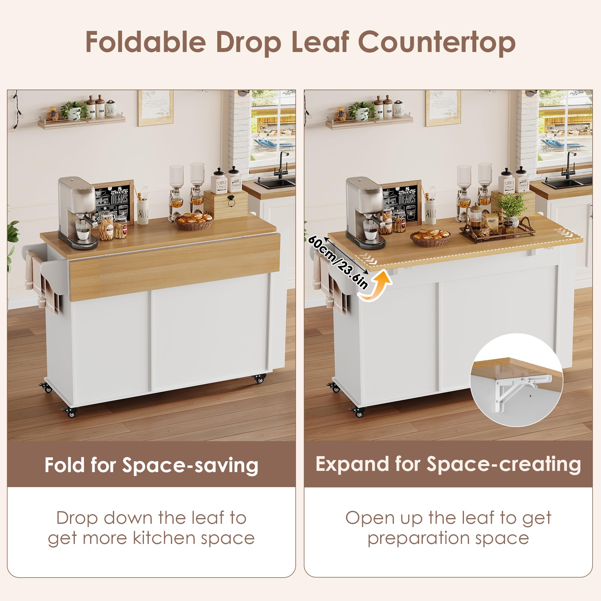 Rolling Kitchen Island with Storage and Drop Leaf