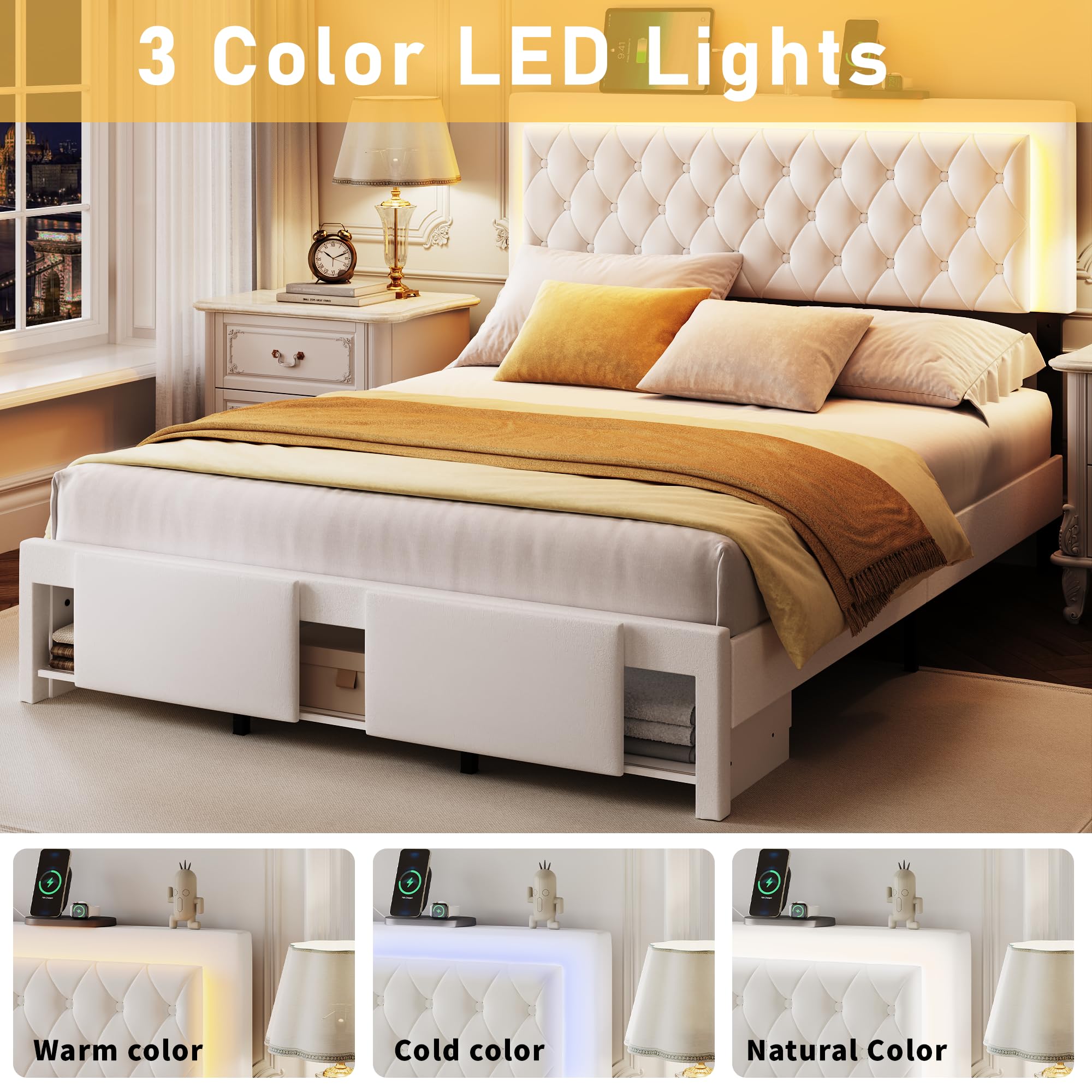 Queen Bed Frame with LED Headboard and Storage