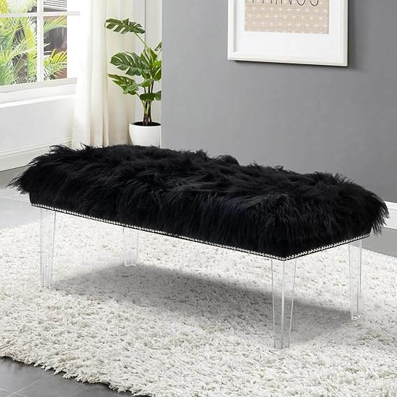 White Faux Fur Upholstered Bench with Wooden Legs