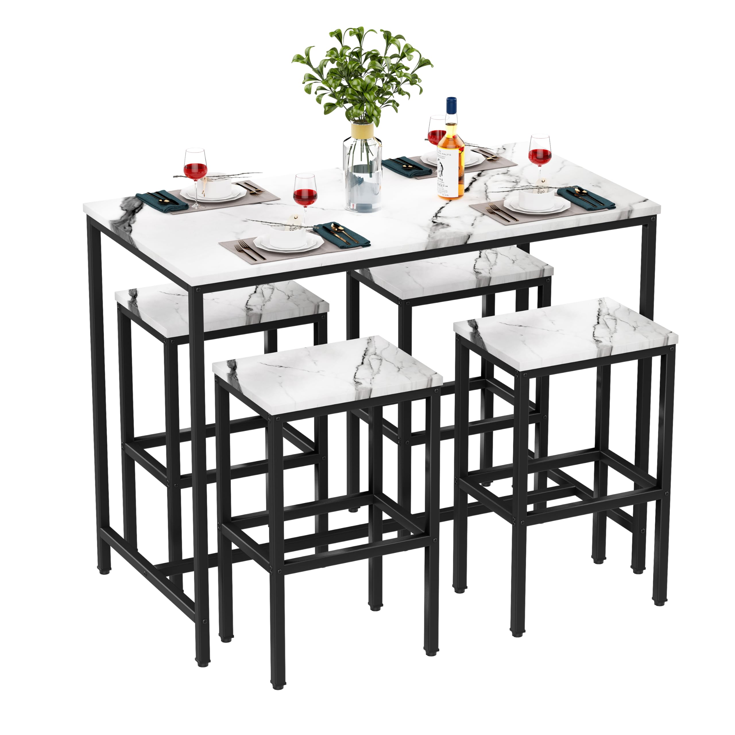 5 Piece Bar Table Set with Faux Marble Top