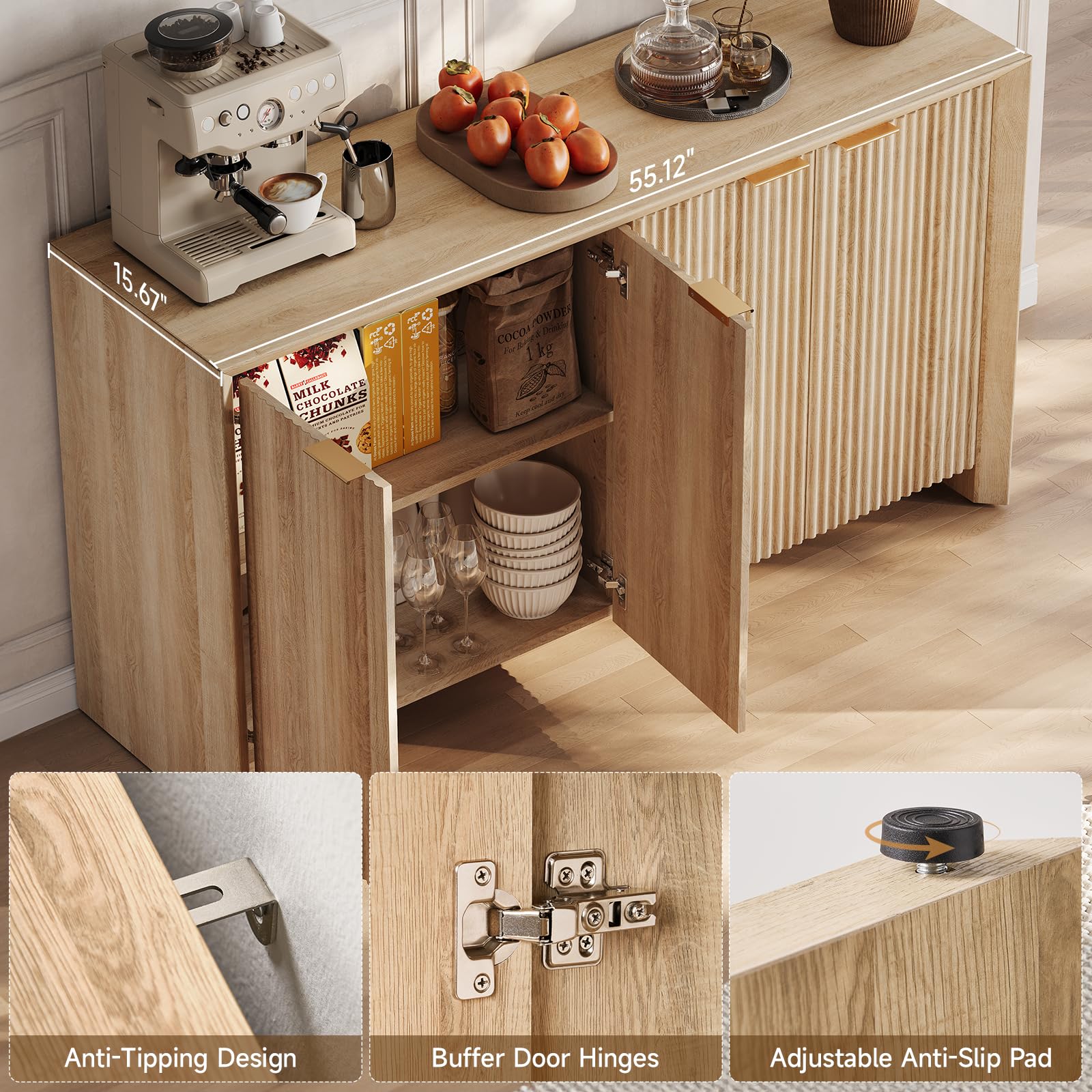Fluted Sideboard Buffet Cabinet with Storage