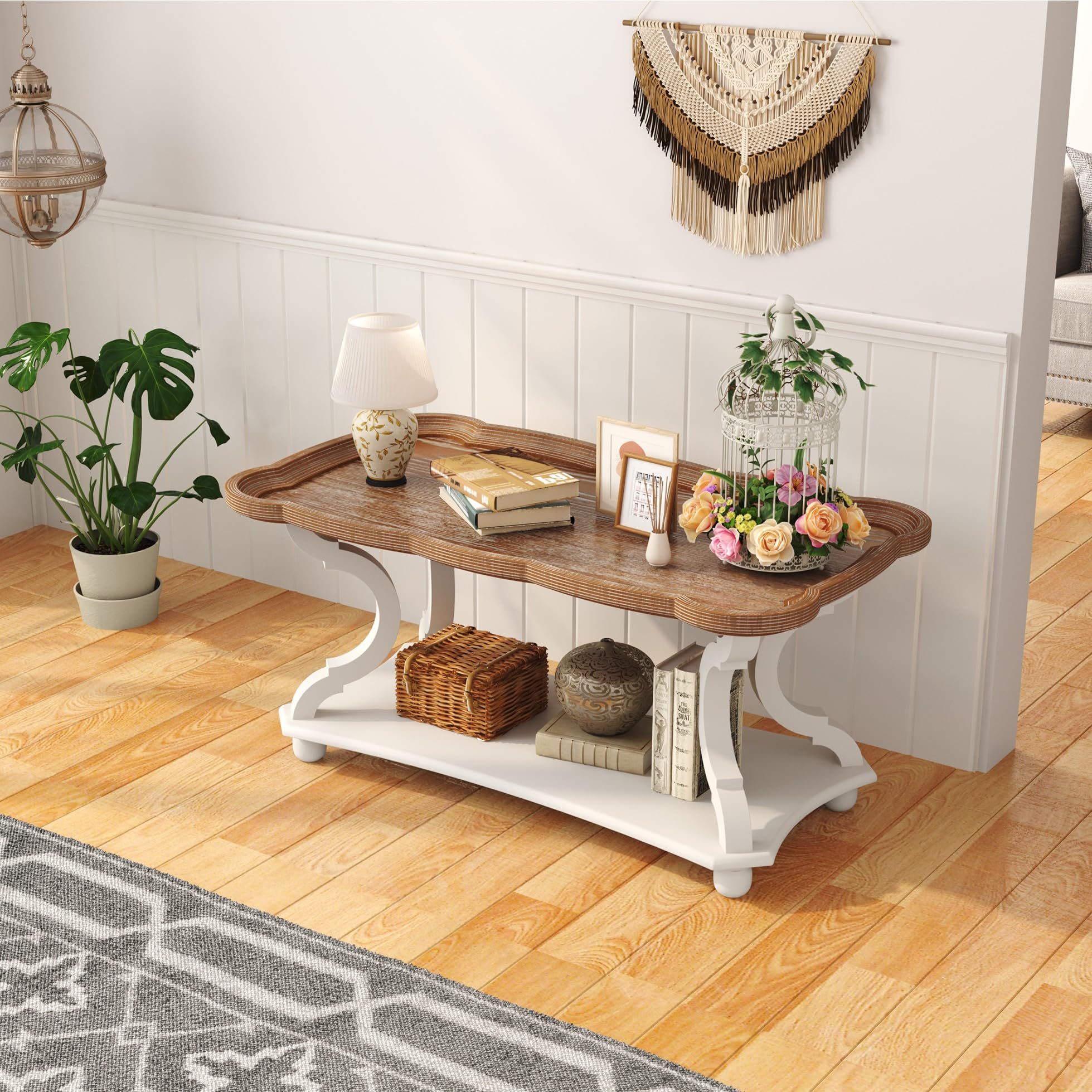 Function Home Farmhouse Coffee Table, 2-Tier Center Table with Storage Shelf, 39.8" French Country Rectangle Accent Table with Natural Tray Top and Curved Legs for Living Room Balcony, Vintage White