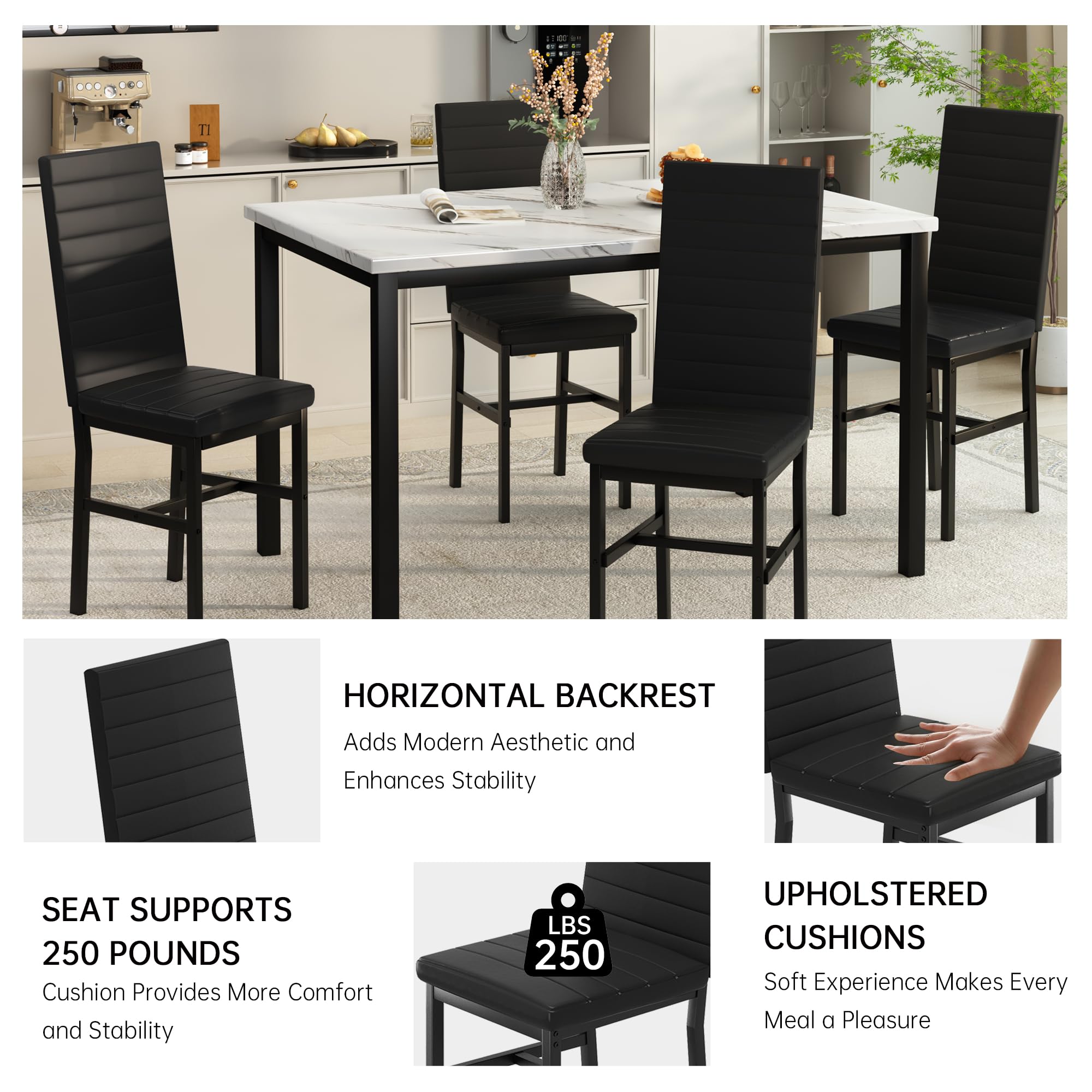 5-Piece Faux Marble Dining Table Set with 4 Upholstered Chairs