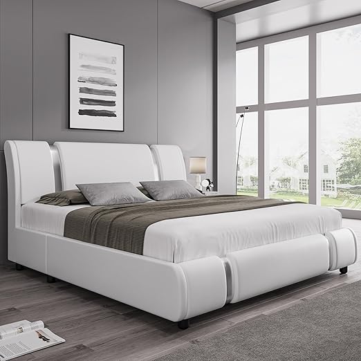 Modern Faux Leather Platform Bed Frame Queen