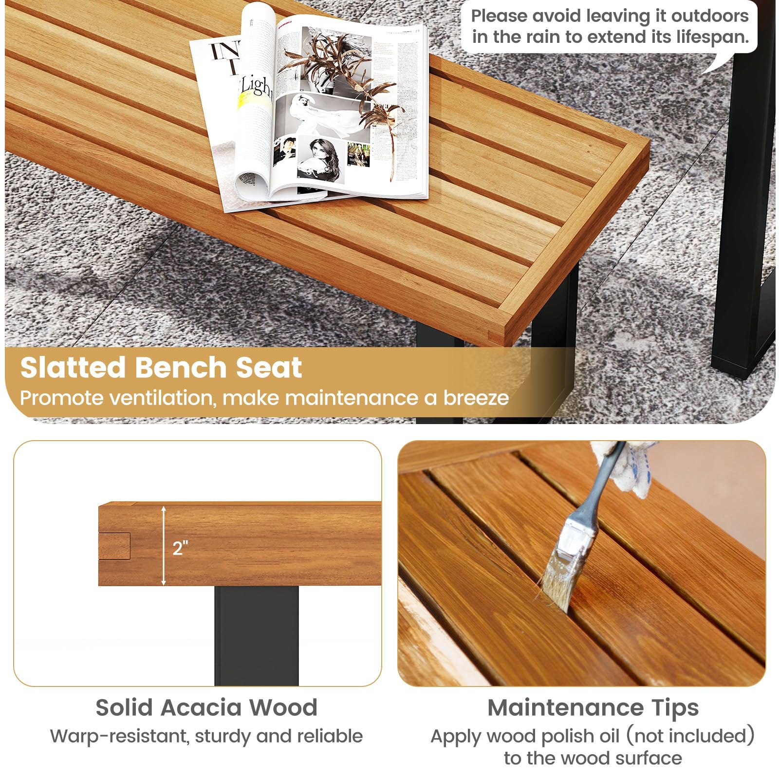 Acacia Wood Outdoor Dining Bench 48 Inch