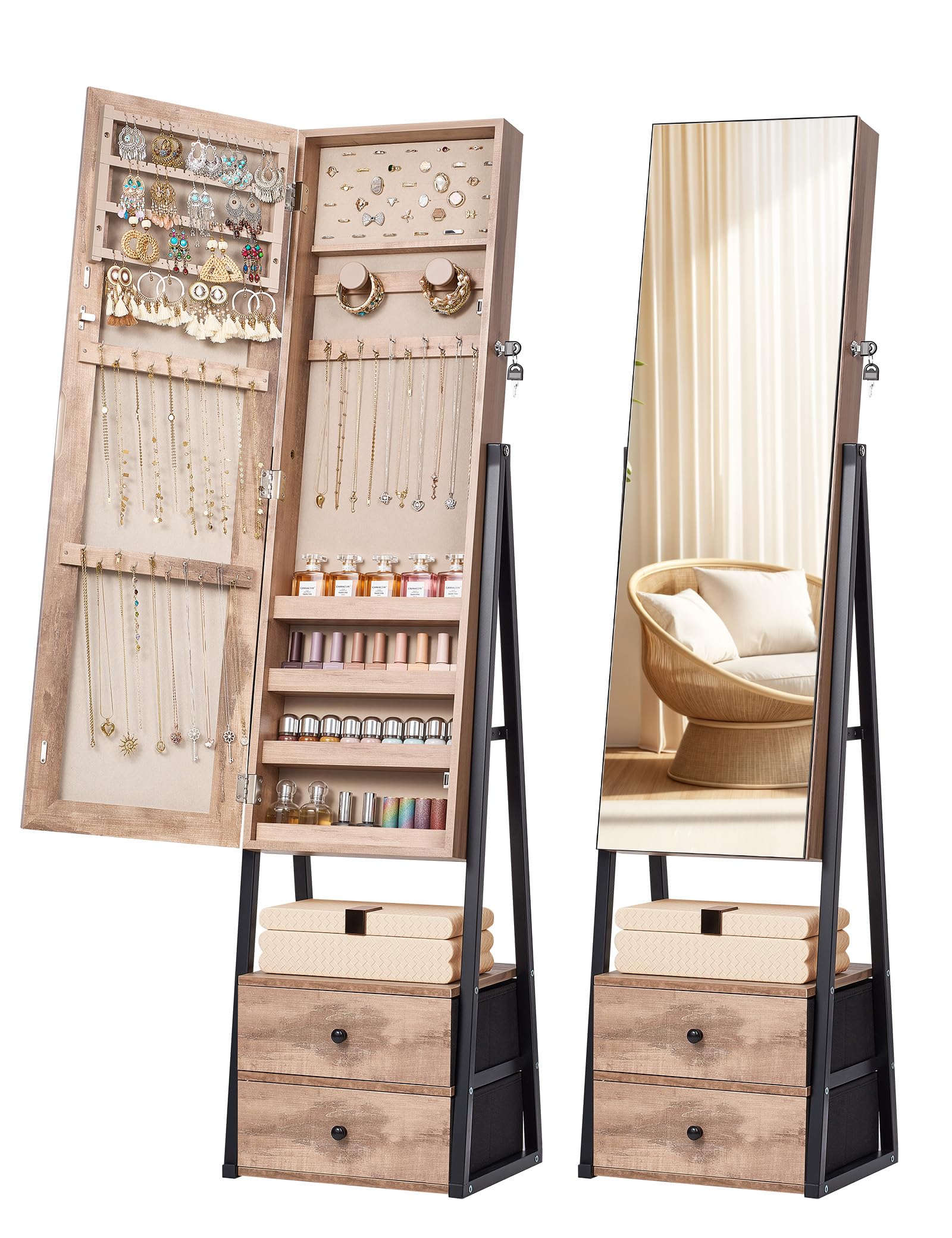 Jewelry Cabinet Armoire with Full Length Mirror and 2 Drawers