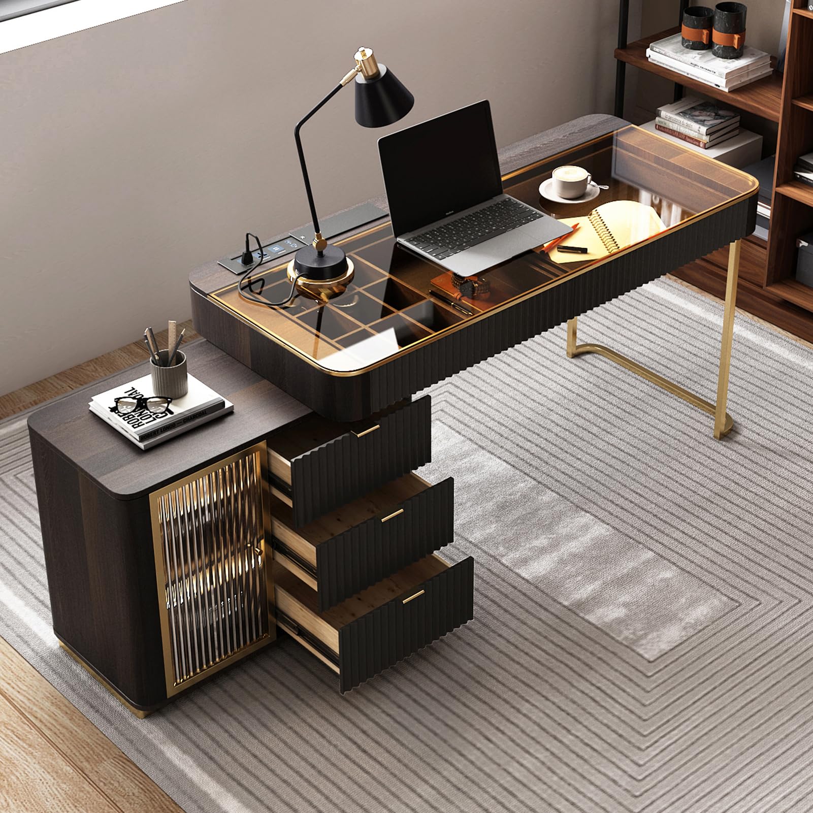 Modern Computer Desk with Retractable Cabinet and LED Lights