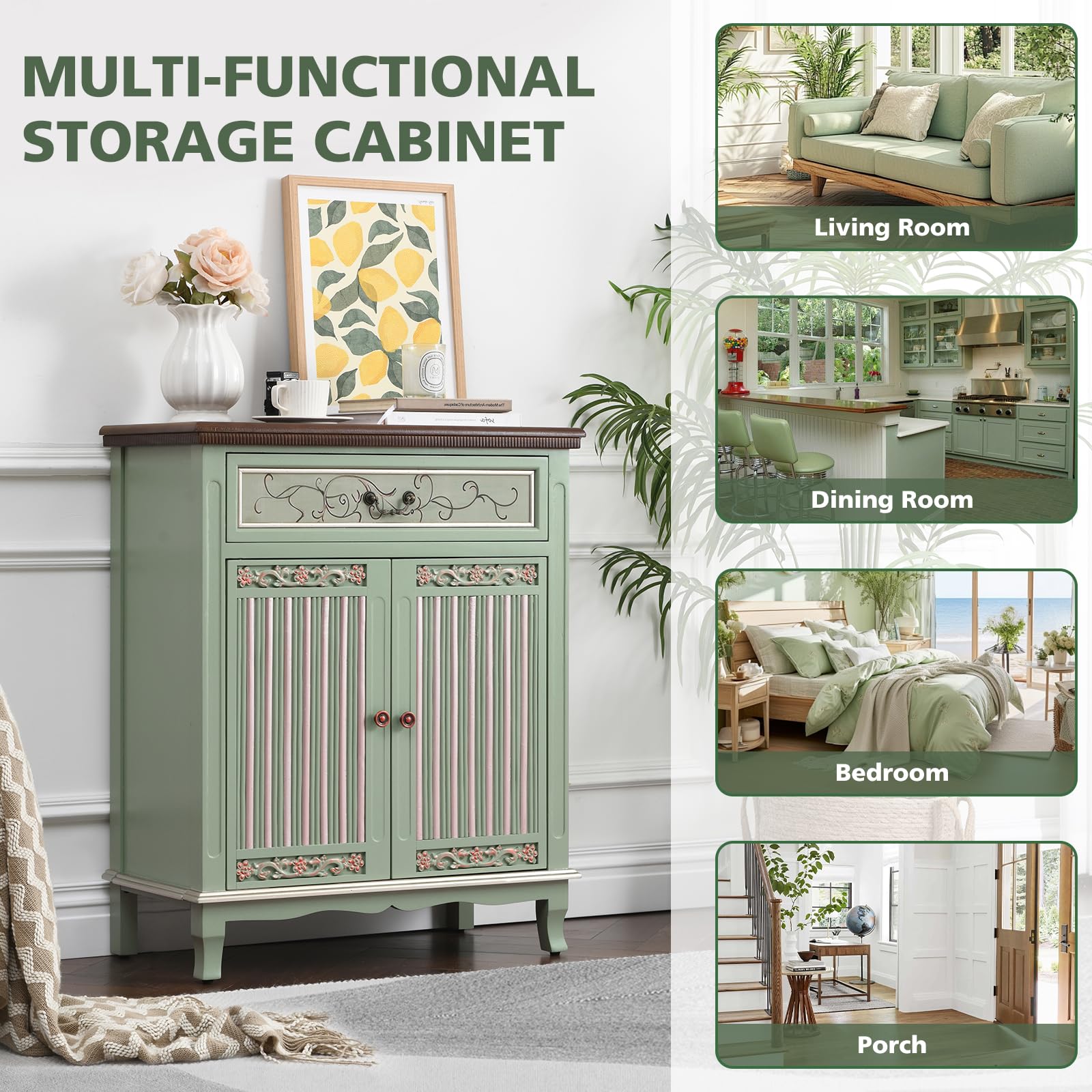 Vintage Green Accent Cabinet with Textured Doors