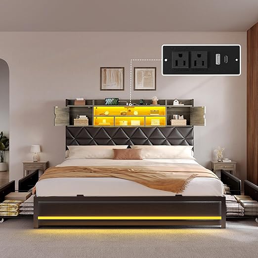 King Size Bed Frame with RGB LED Lights and Storage Headboard