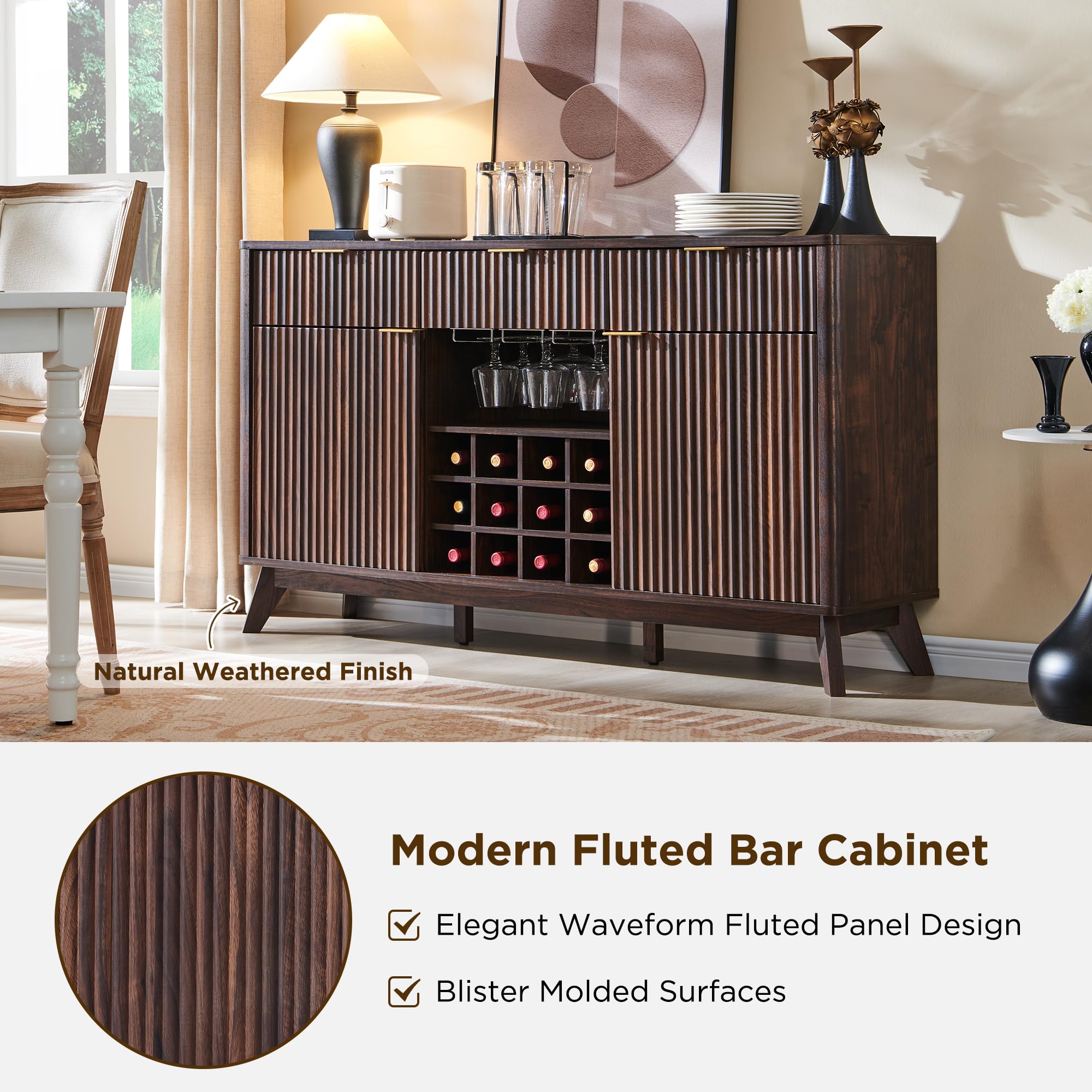 60" Fluted Buffet Cabinet with Wine Storage