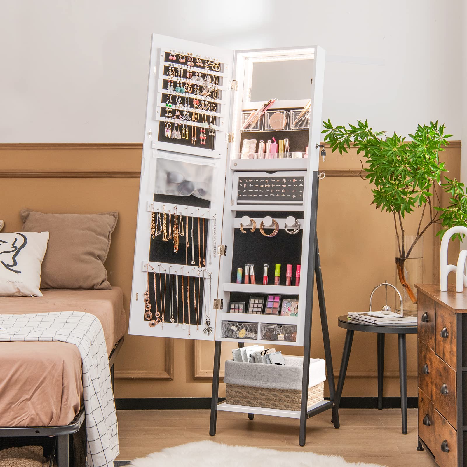 Standing Jewelry Armoire with Full Length Mirror and LED Lights