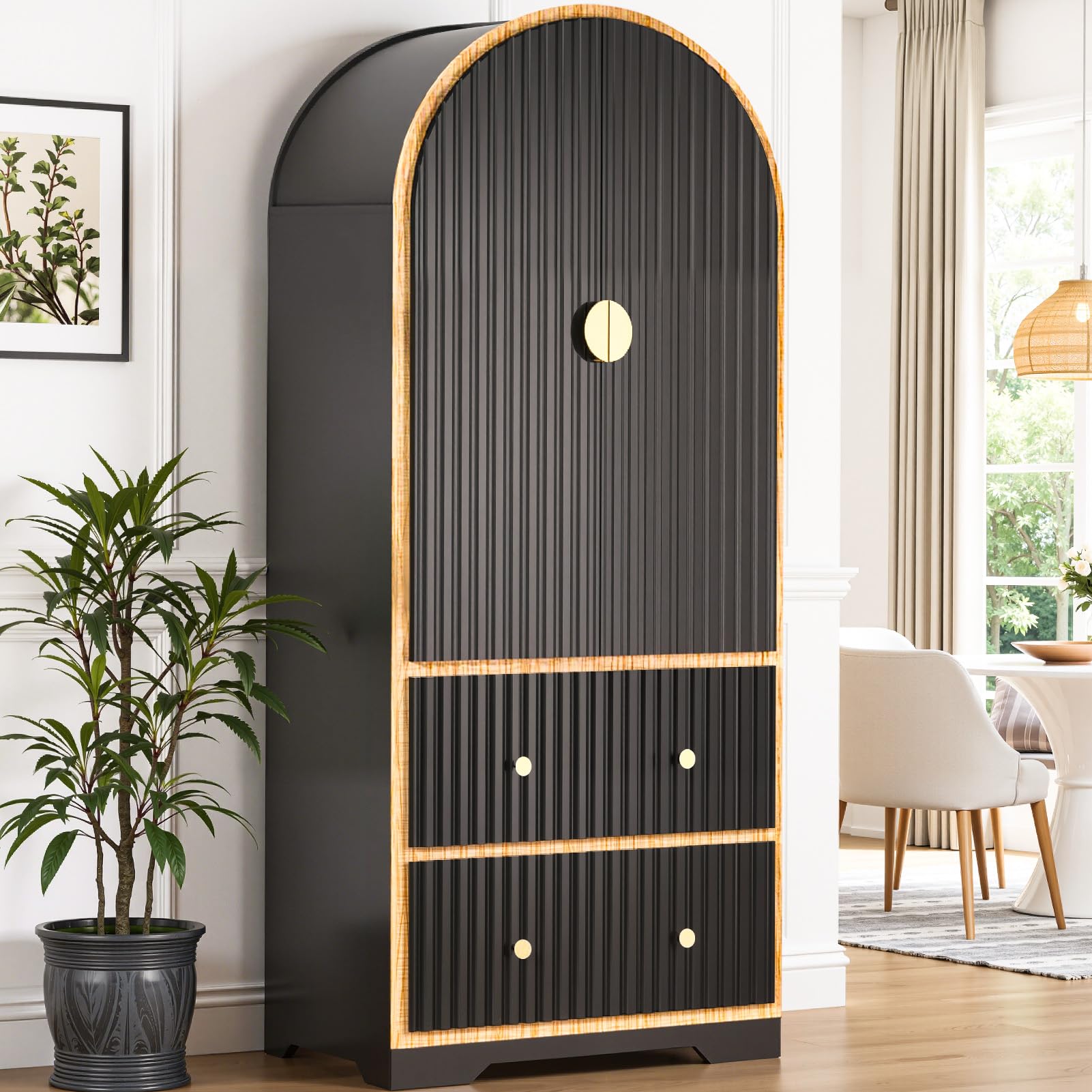 78" Tall Black Arched Cabinet with Fluted Doors