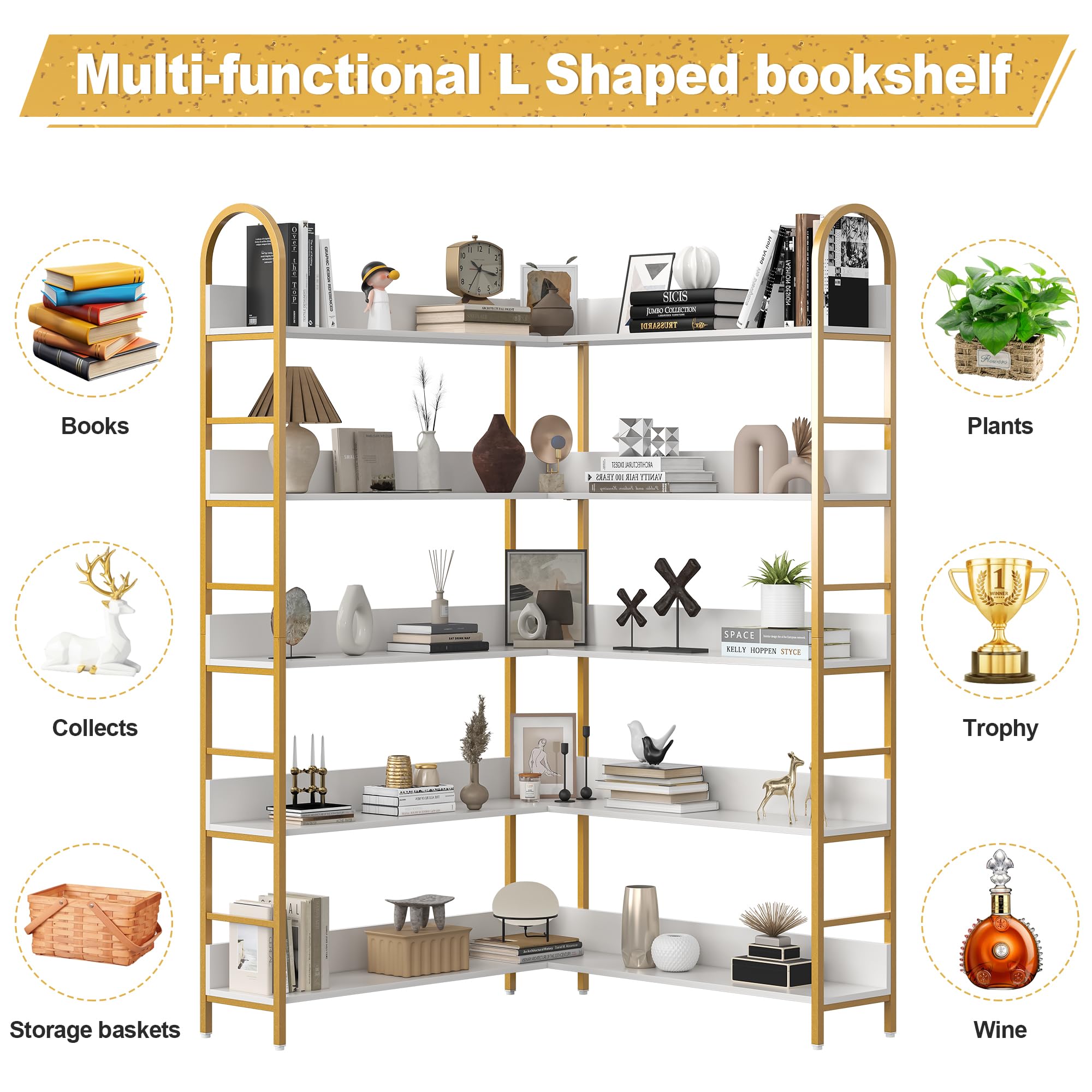 5-Tier Corner Bookshelf with Metal Frame