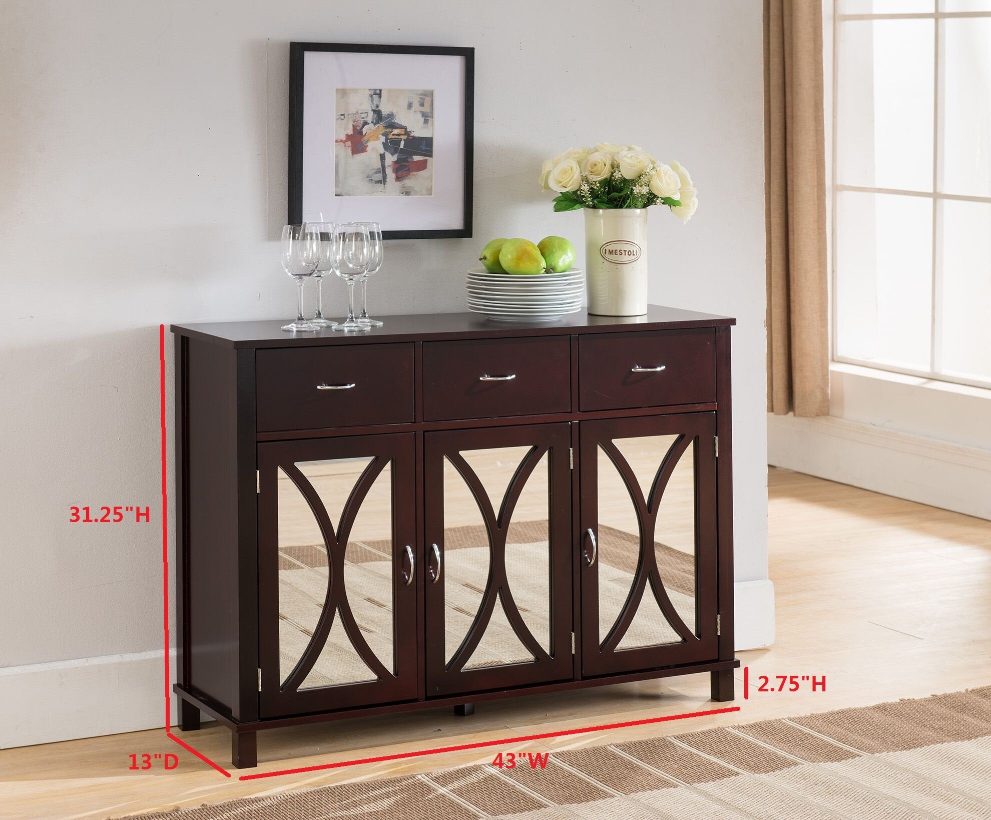 Espresso Mirrored Buffet Server Cabinet