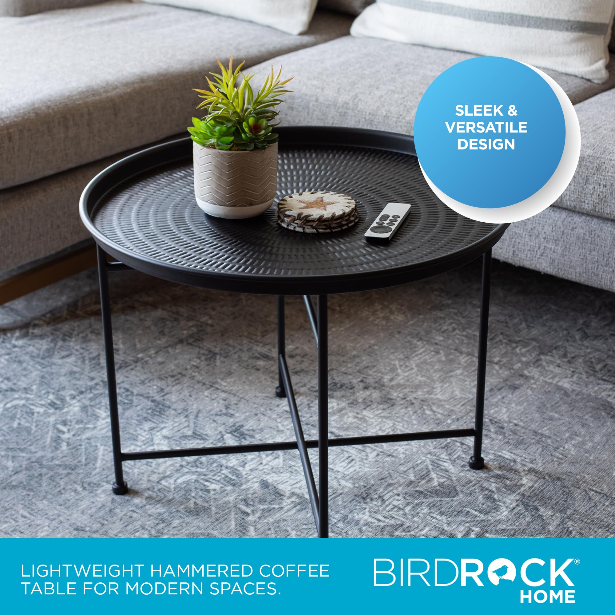 BIRDROCK HOME Metal Coffee Table Small Black Side Table Circle Accent Table for Bedroom Living Room Corner Spaces Hammered Round Minimalist End Table Black Iron, 24.75" D x 19" H, Lightweight 7.5 lbs