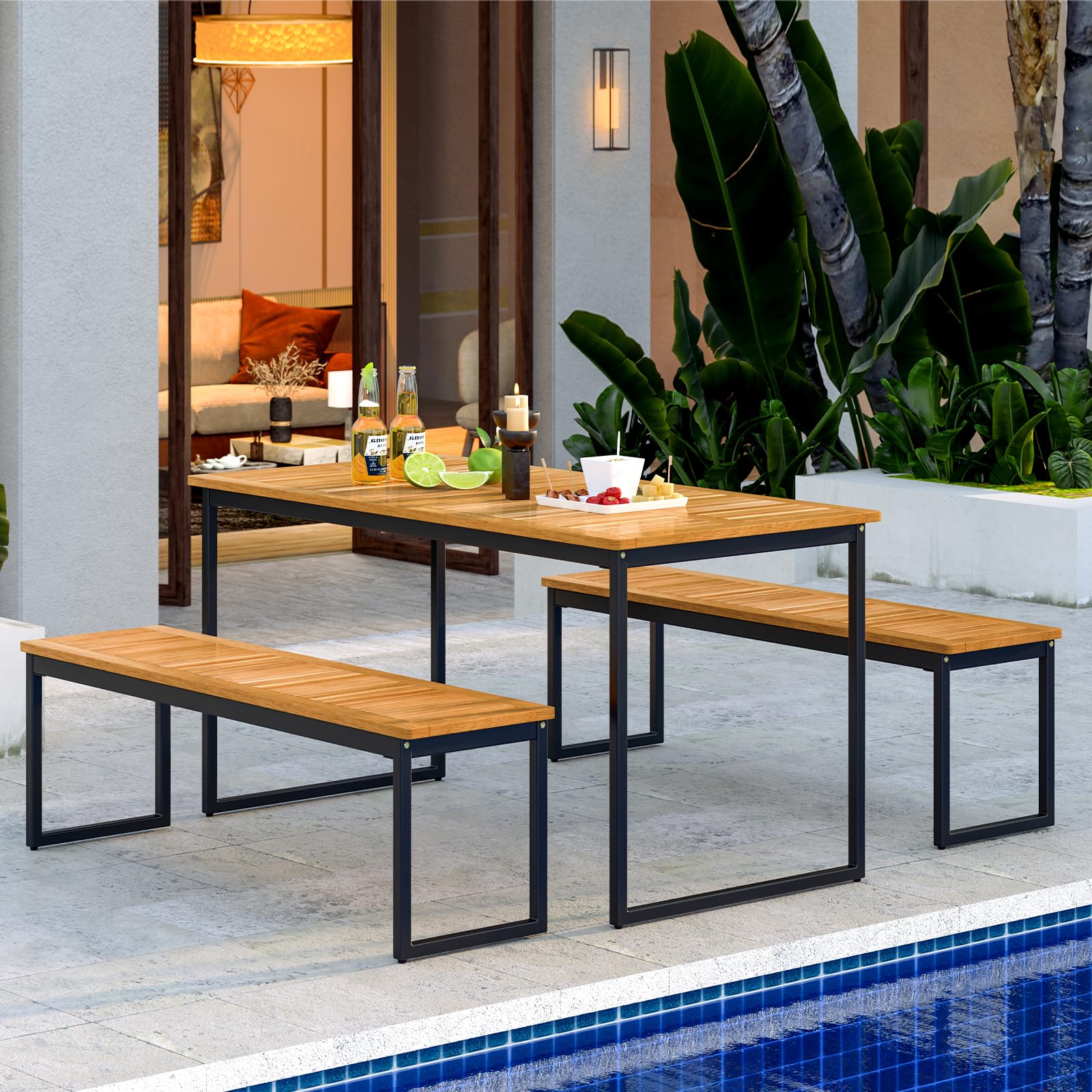 Acacia Wood Outdoor Dining Bench Set of 2 with Metal Legs