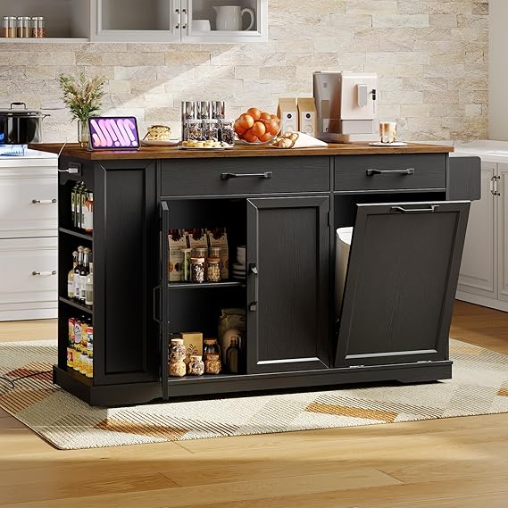 Kitchen Island with Power Outlet and Drop Leaf Rolling Storage Cart