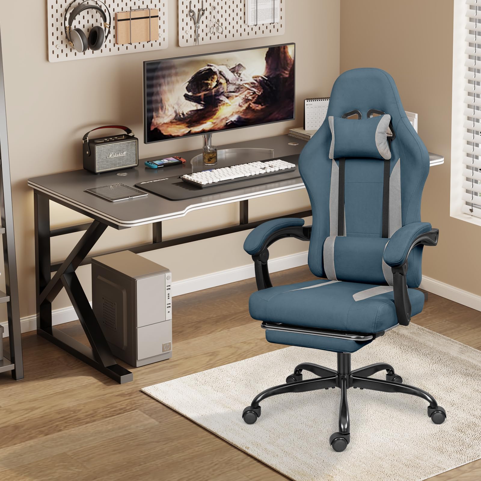Breathable Fabric Gaming Chair with Footrest