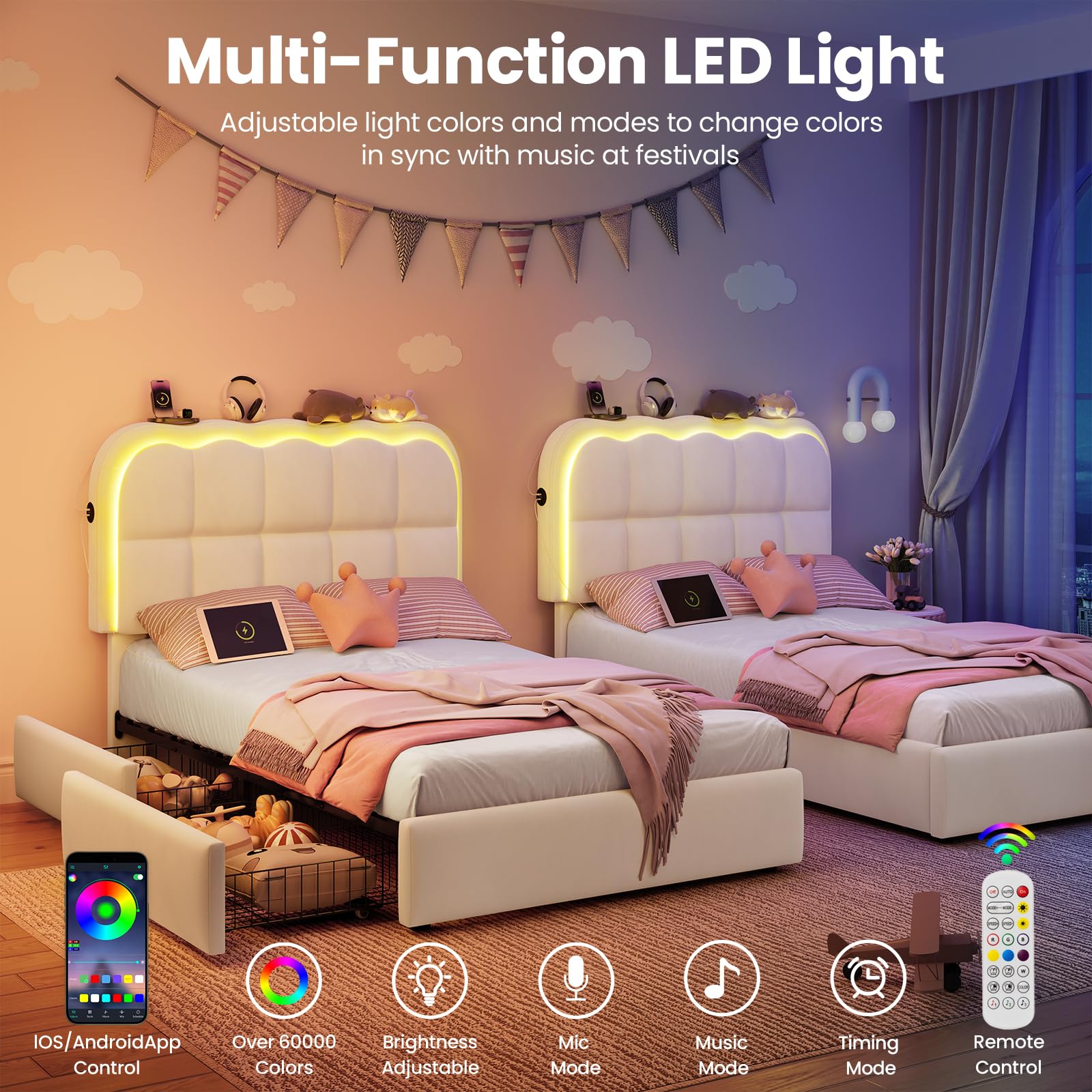 Twin Velvet Platform Bed with Storage & LED Headboard
