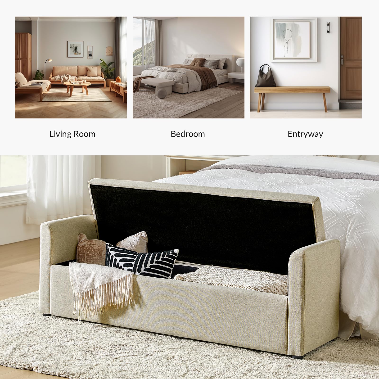 59.4" Modern Storage Bench with Throw Pillows - Beige Upholstered Ottoman