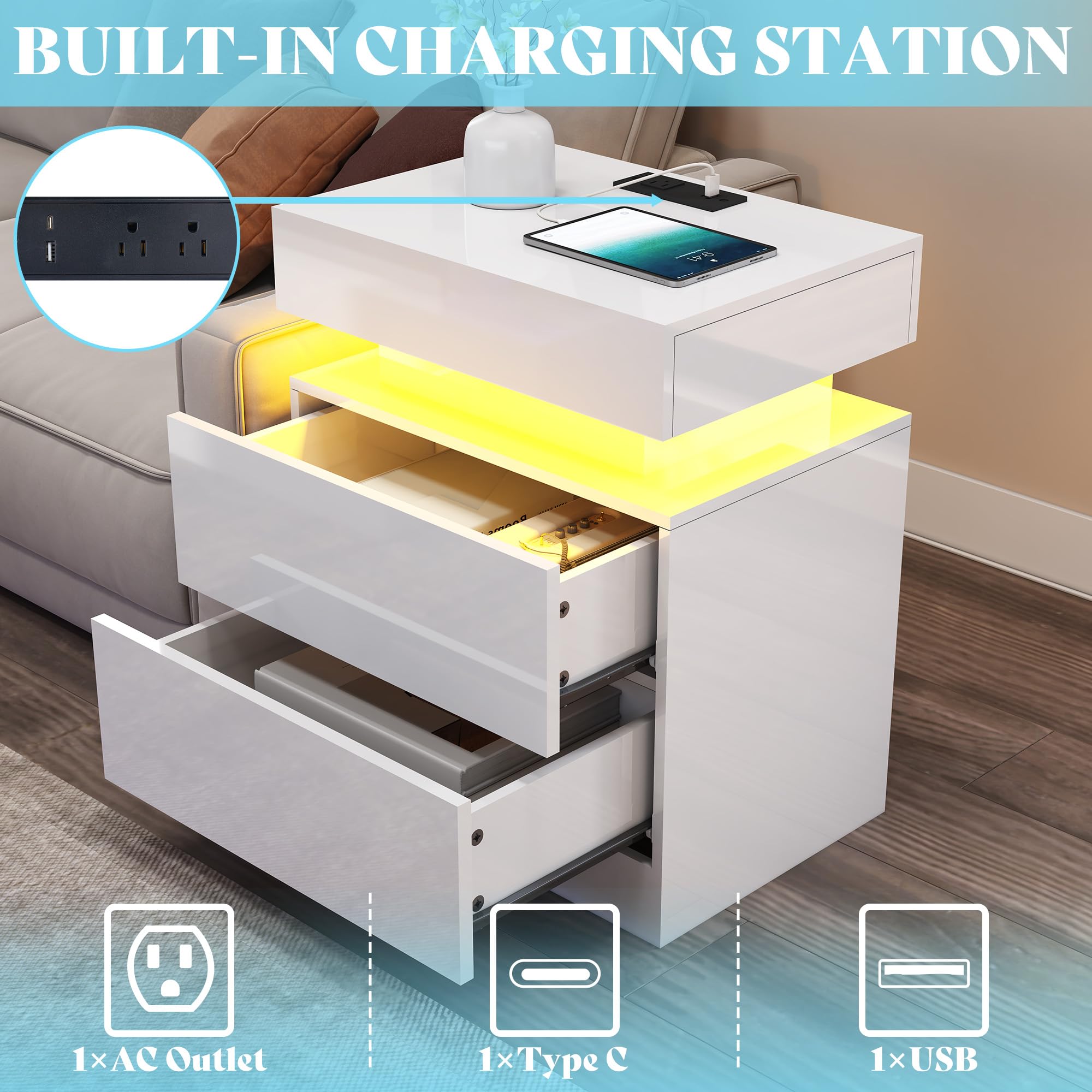 High Gloss LED Coffee Table Set with 2 End Tables and Charging Station