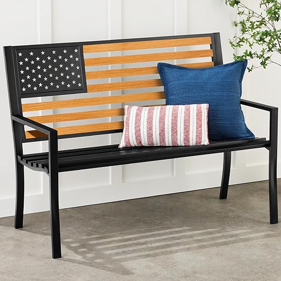 2-Person Steel Outdoor Bench with American Flag Design