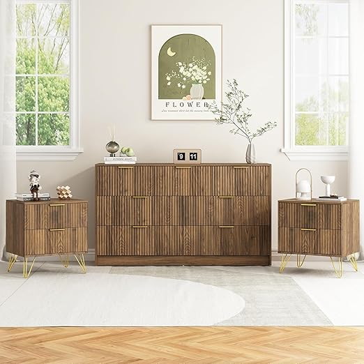 7 Drawer Dresser and Nightstand Set - White with Gold Handles