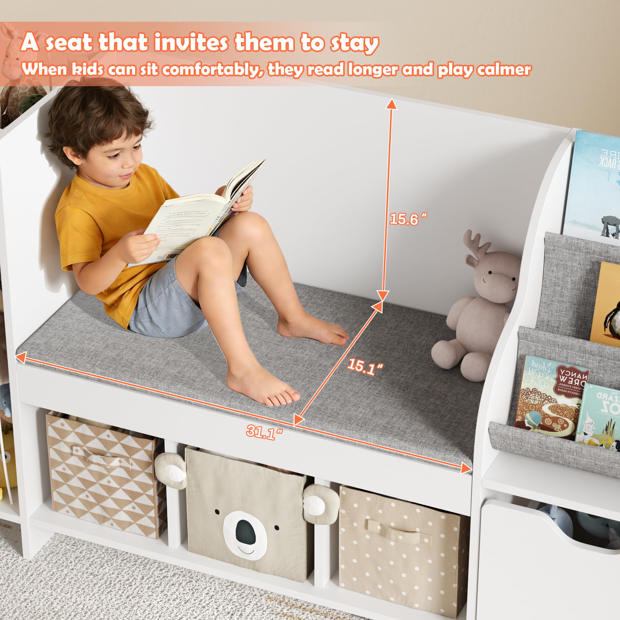 DTK Kids Reading Nook with Bench,Toy Storage Organizer with Stuffed Animals Holder,Kids Bookshelf with Seat Cushion,3 Storage Cubbies and Toy Box on Wheels for Playroom,Bedroom,Nursery,White