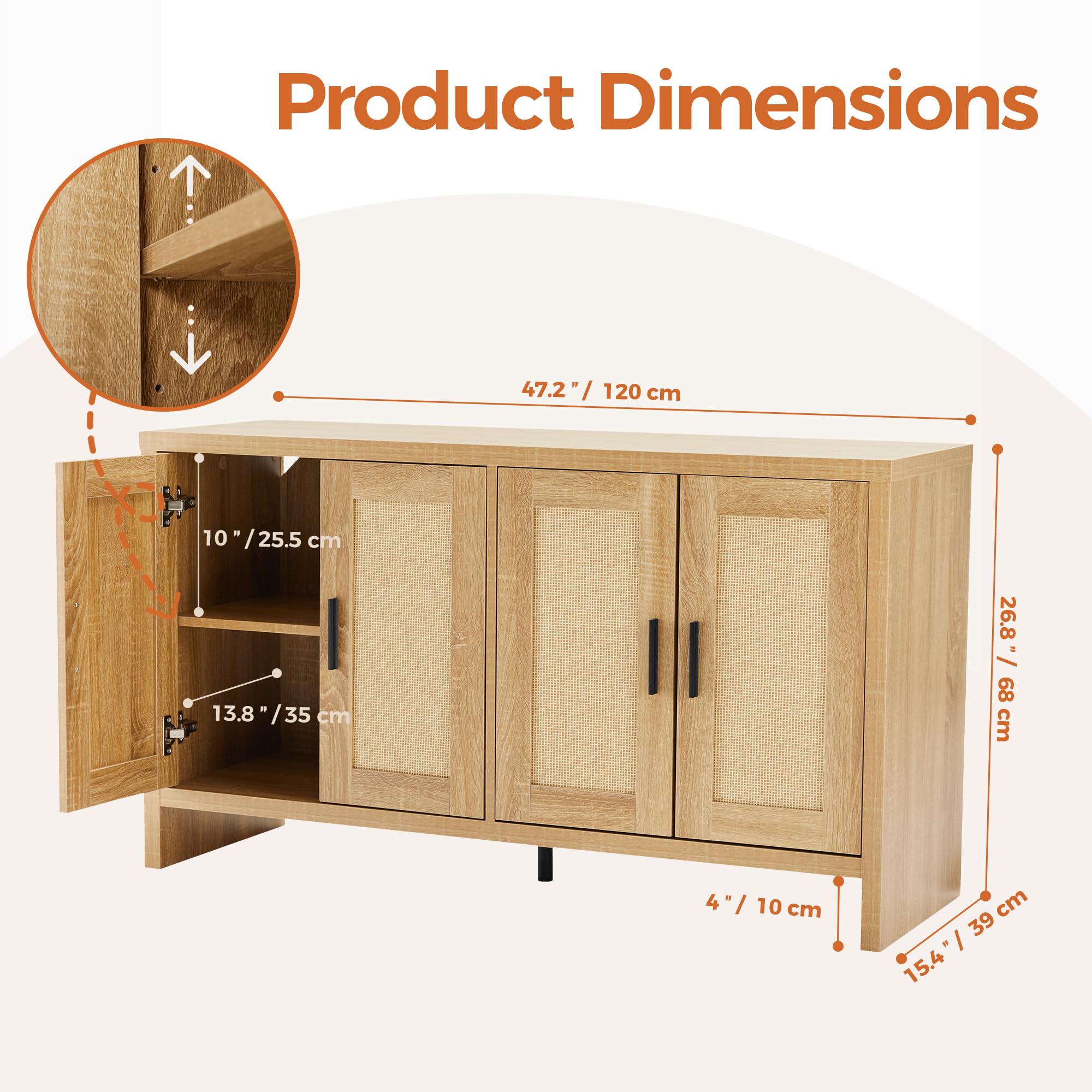 Rattan Buffet Cabinet with Storage and Adjustable Shelves