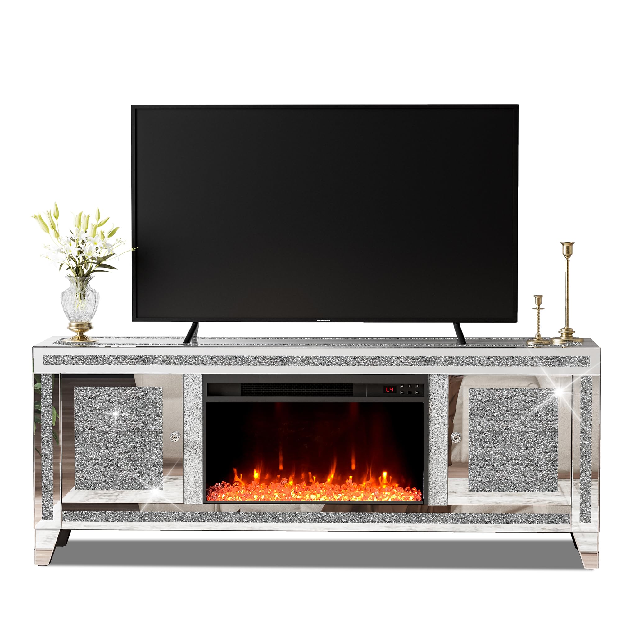 Mirrored Electric Fireplace TV Stand with Storage