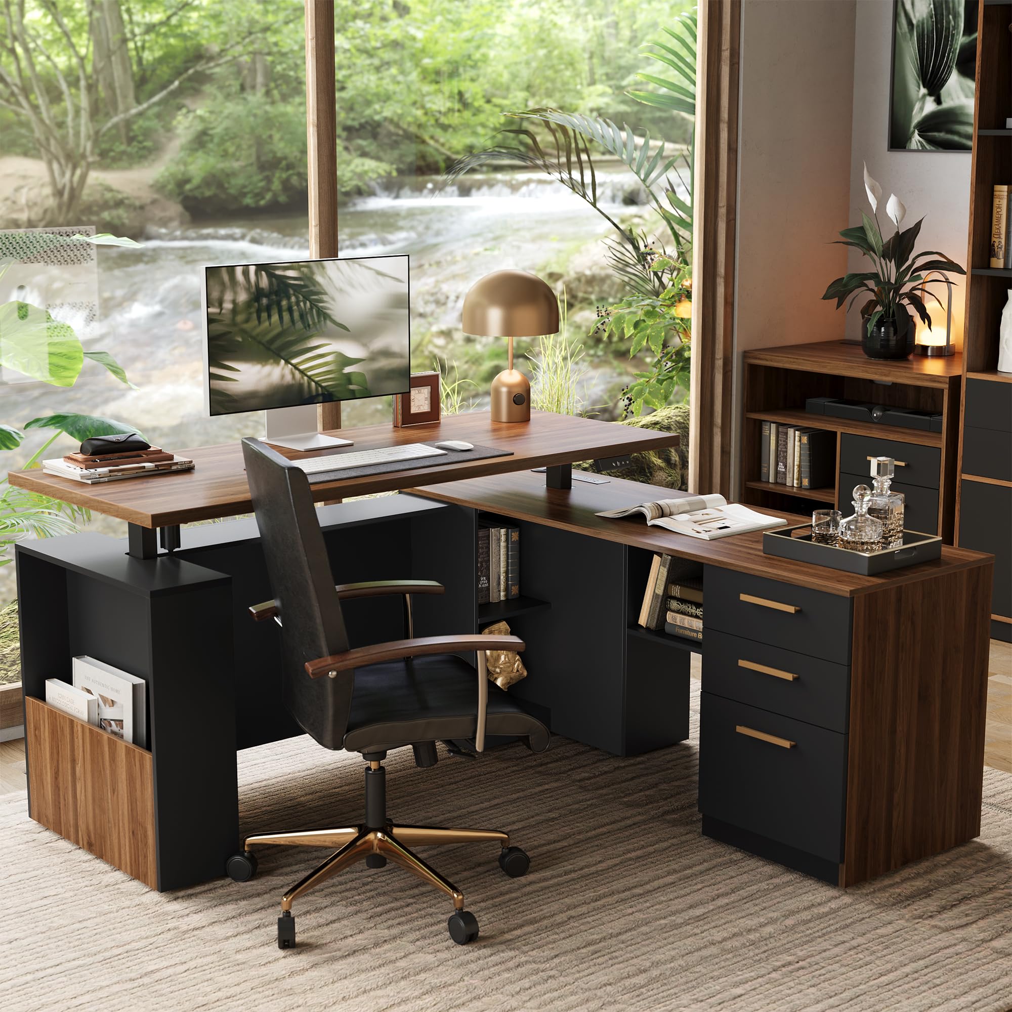 63" L-Shaped Standing Desk with File Cabinet and Privacy Panel