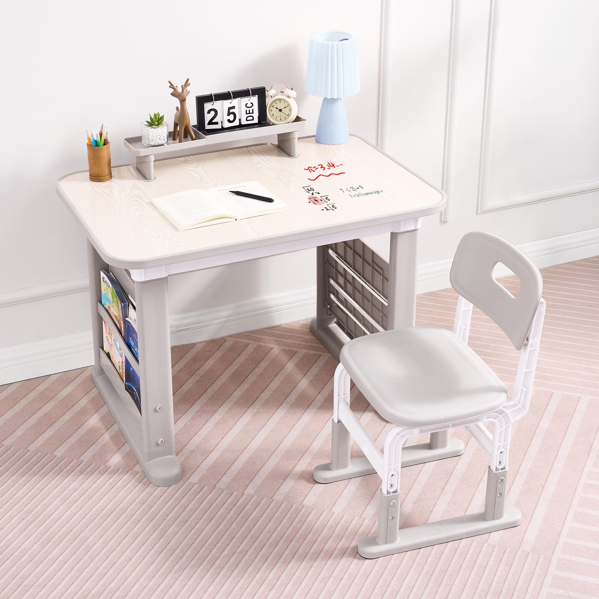 Height Adjustable Kids Desk and Chair Set with Bookshelf