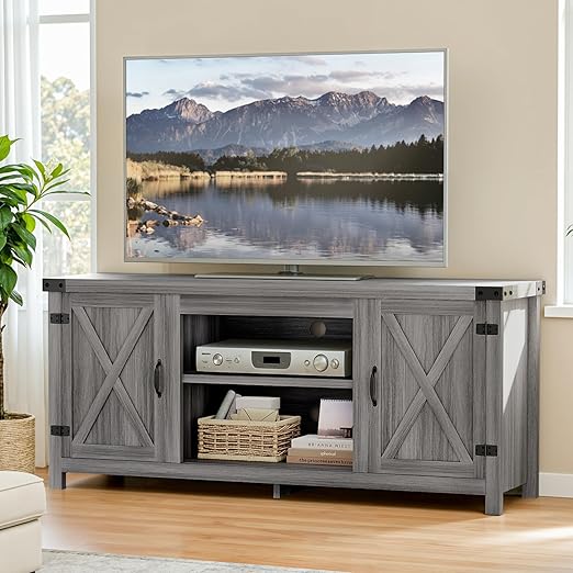 Modern Farmhouse TV Stand with Barn Doors for 65+ Inch TVs