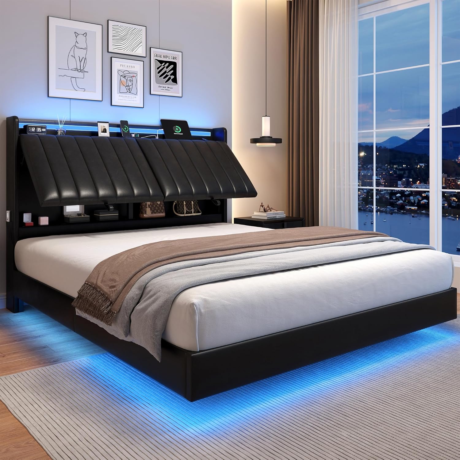 Queen Size Floating Bed Frame with LED Lights and Storage Headboard