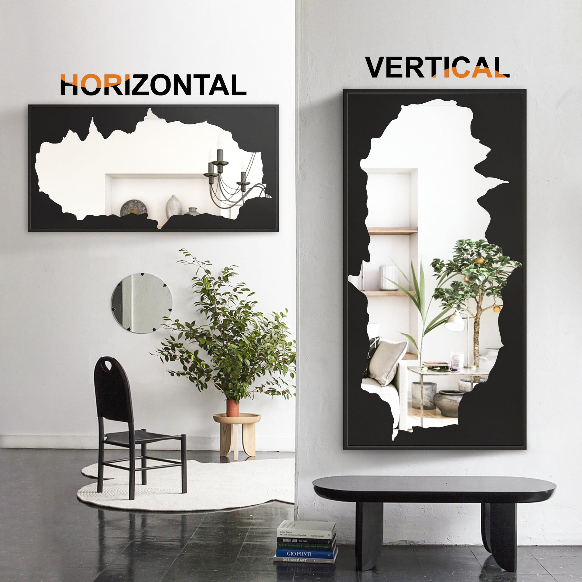 55x28 Full-Length Mirror with Artistic Black Abstract Overlay