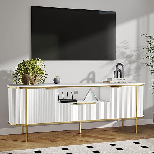 70" White and Gold TV Stand with Faux Marble Top