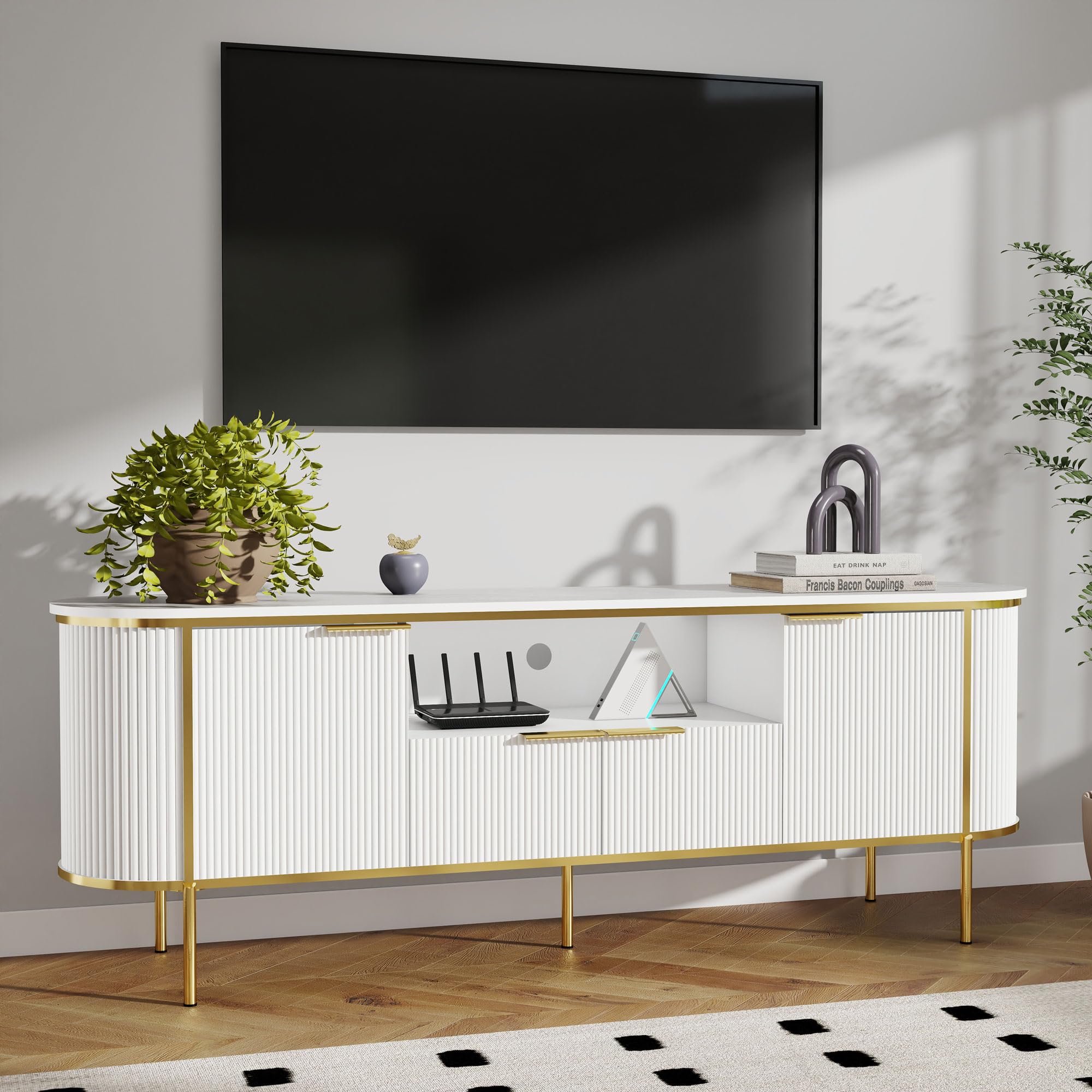 70" White and Gold TV Stand with Faux Marble Top